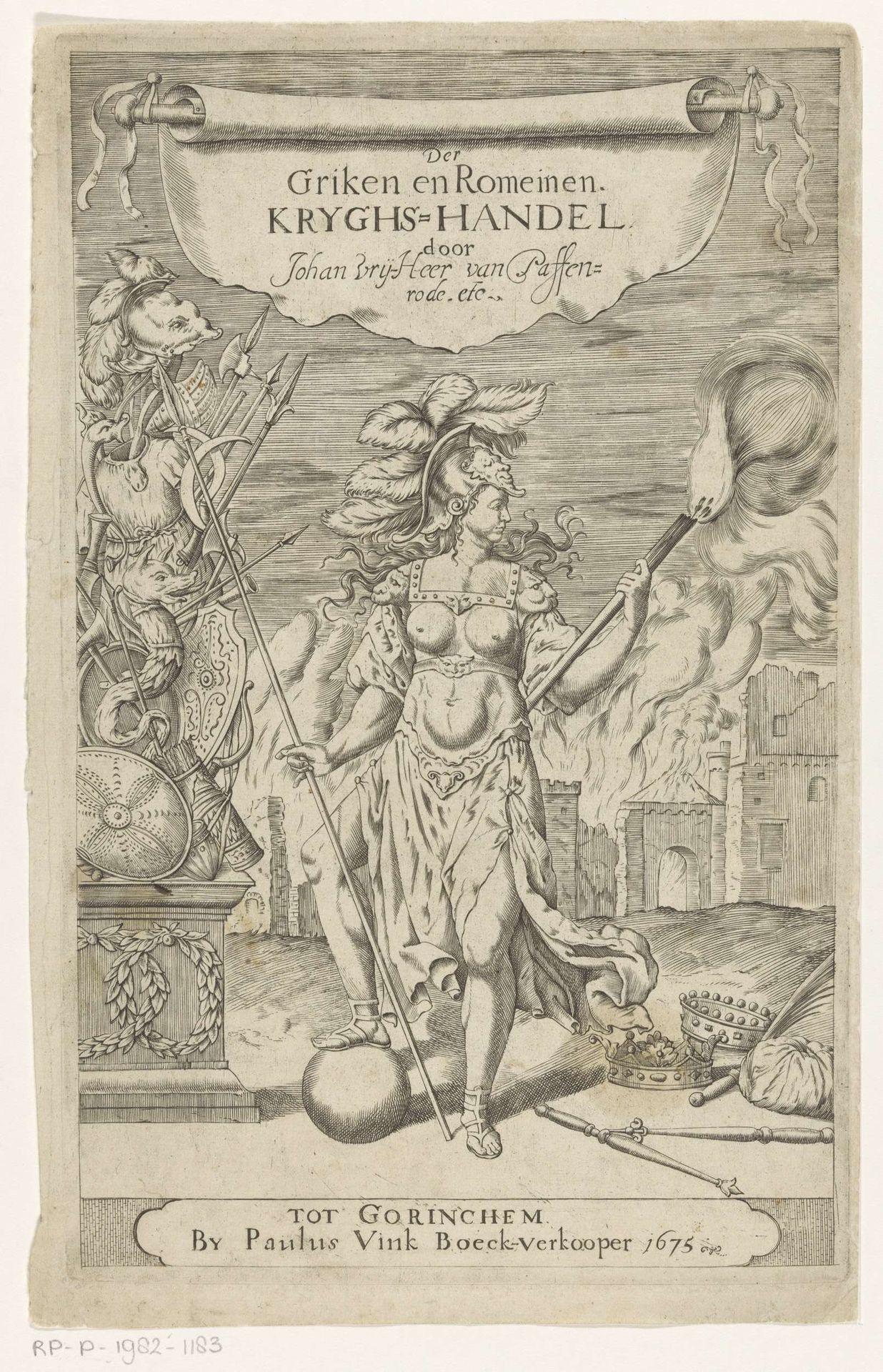Allegorische figuur met fakkel en lans voor brandende stad by Anonymous