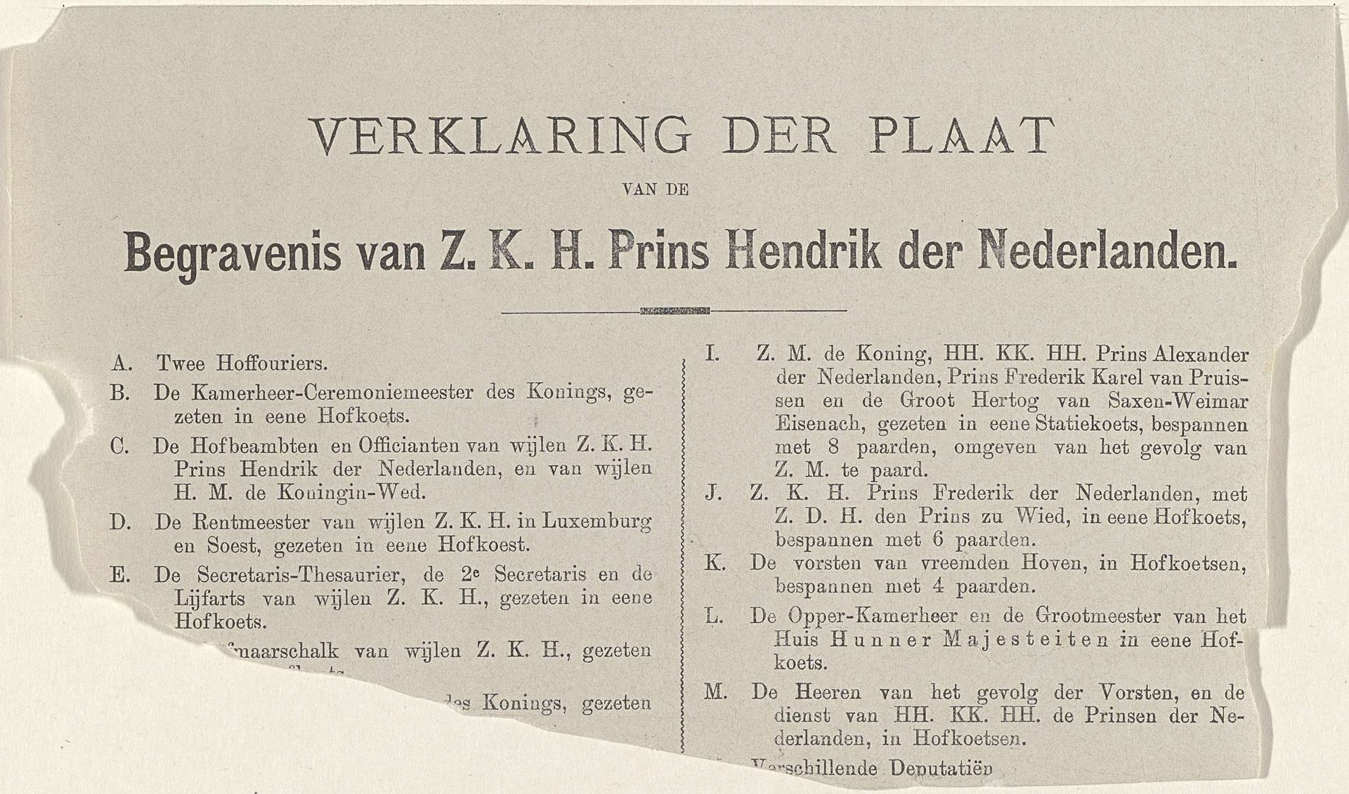 Verklaring bij de prent van de begrafenis van Prins Hendrik, 1879 by A. Akkeringa