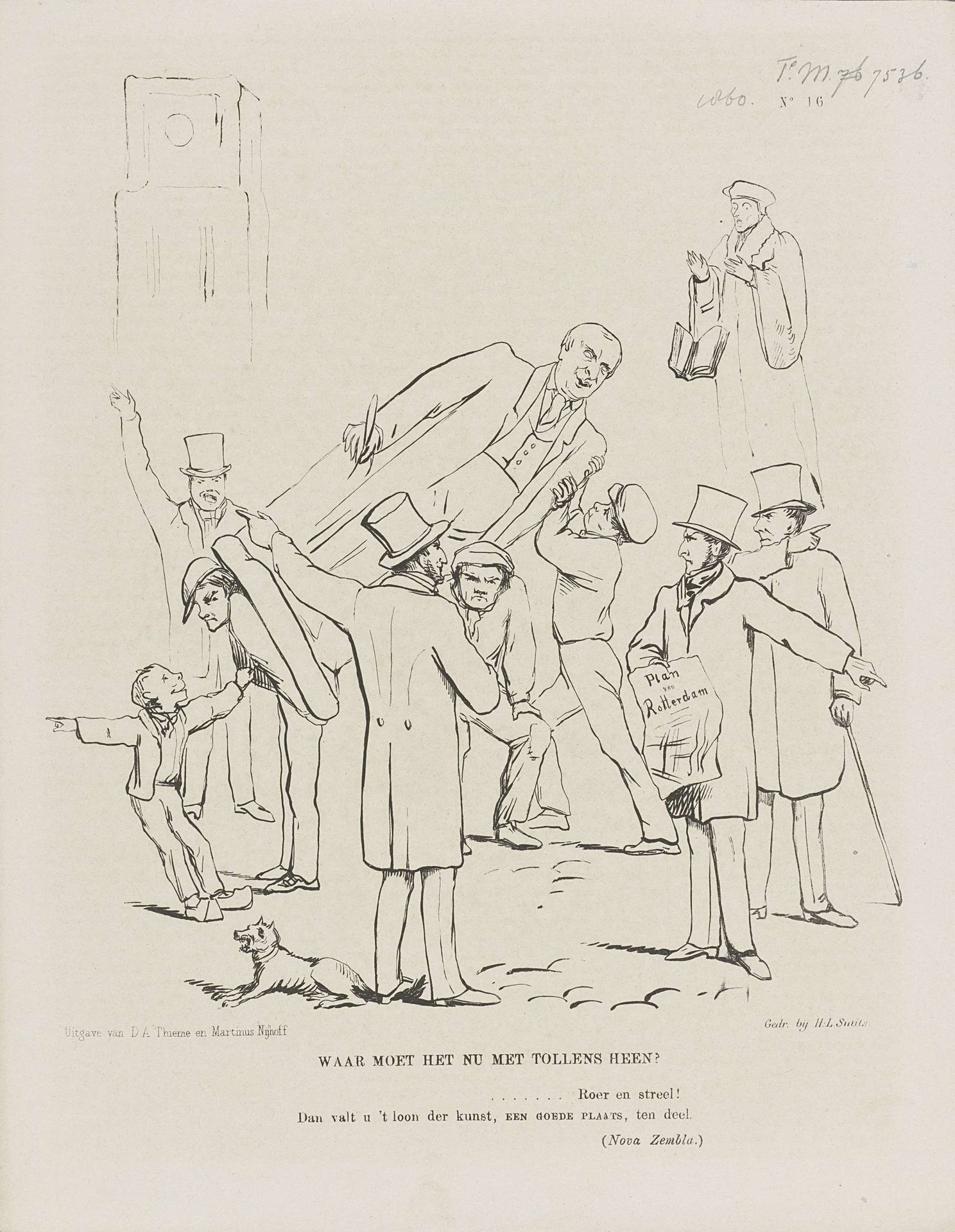 Spotprent op de problemen rond de plaatsing van het standbeeld van Tollens in Rotterdam, 1860 by Johan Michaël Schmidt Crans