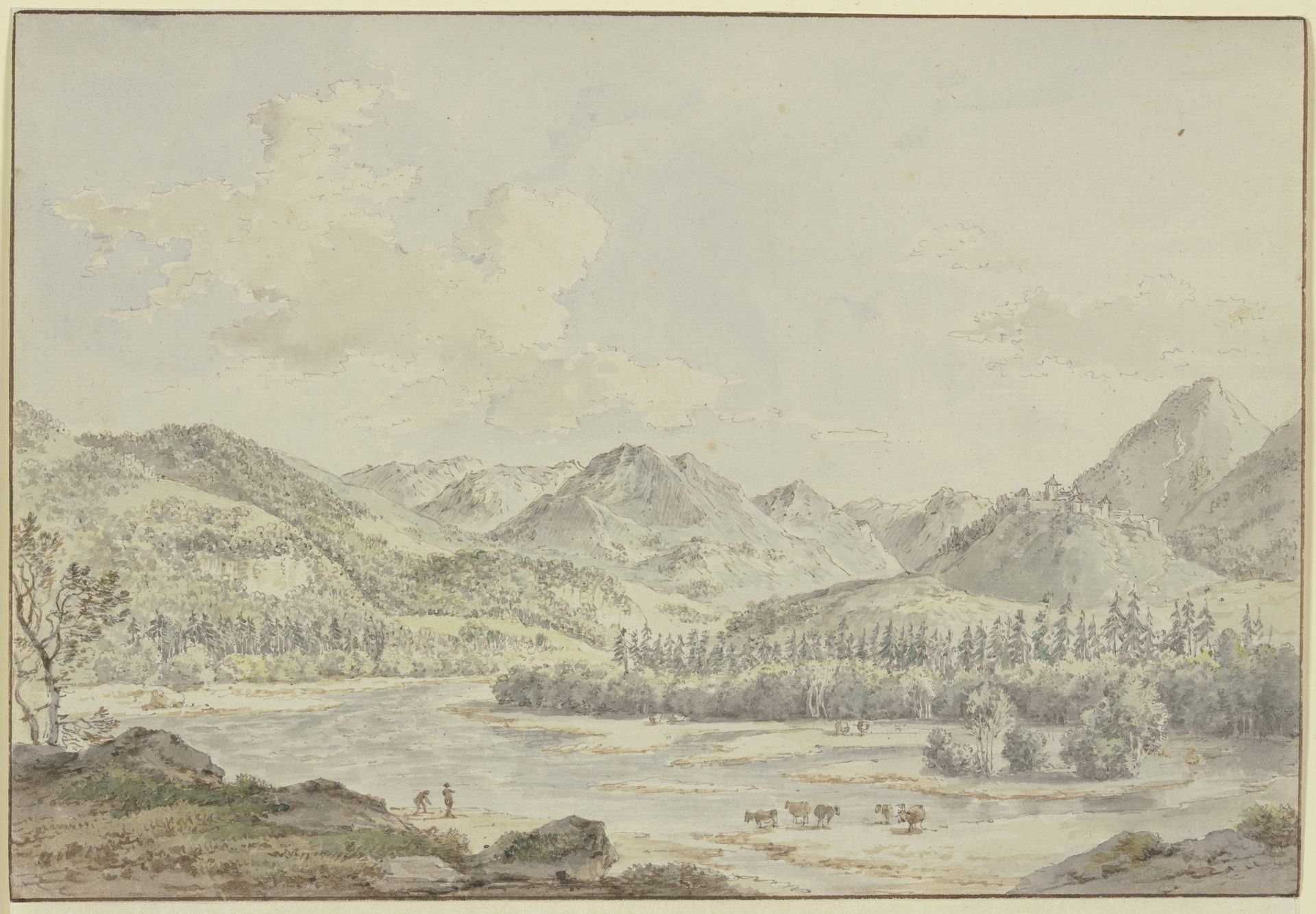 Ein Schweizer Tal mit einem Fluß zwischen Tannenwäldern, rechts auf dem Berg ein Schloß, vorne fünf Kühe by Nicolas Pérignon