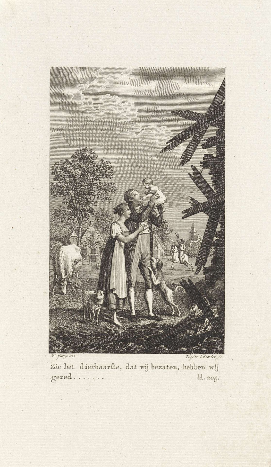 Gezin bij een verbrand huis by Joannes Pieter Visser Bender