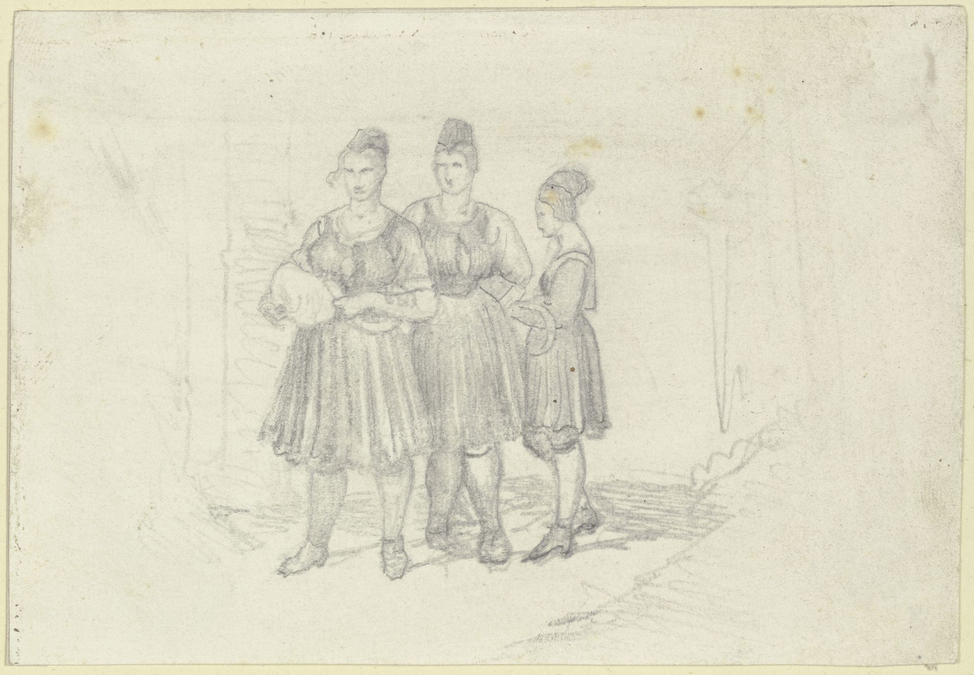 Drei Bauernmädchen in oberhessischer Tracht by Carl Engel