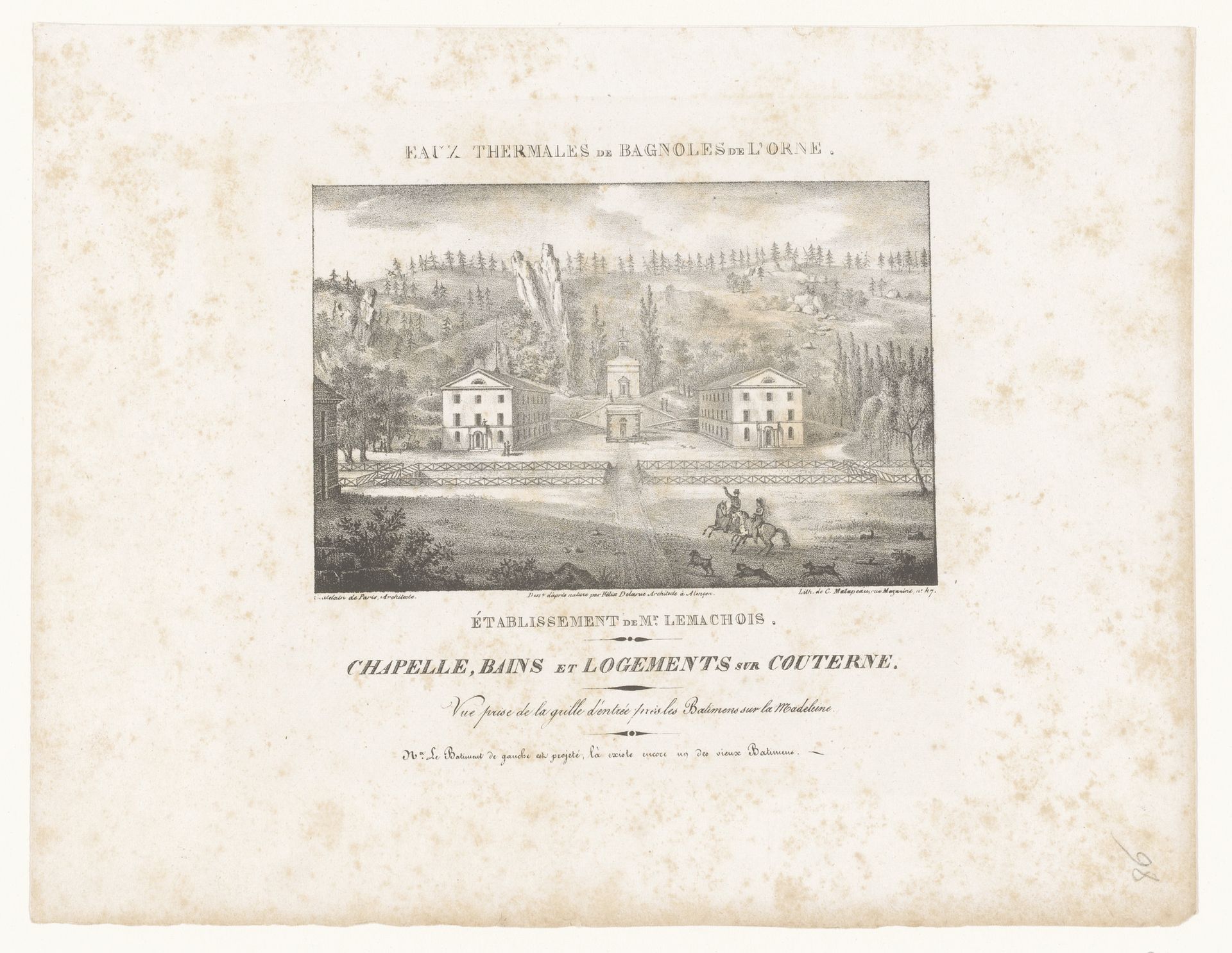 Verblijfplaats van de heer Lemachois en kapel bij de Thermen van Bagnoles-de-l'Orne by Charles Louis Malapeau