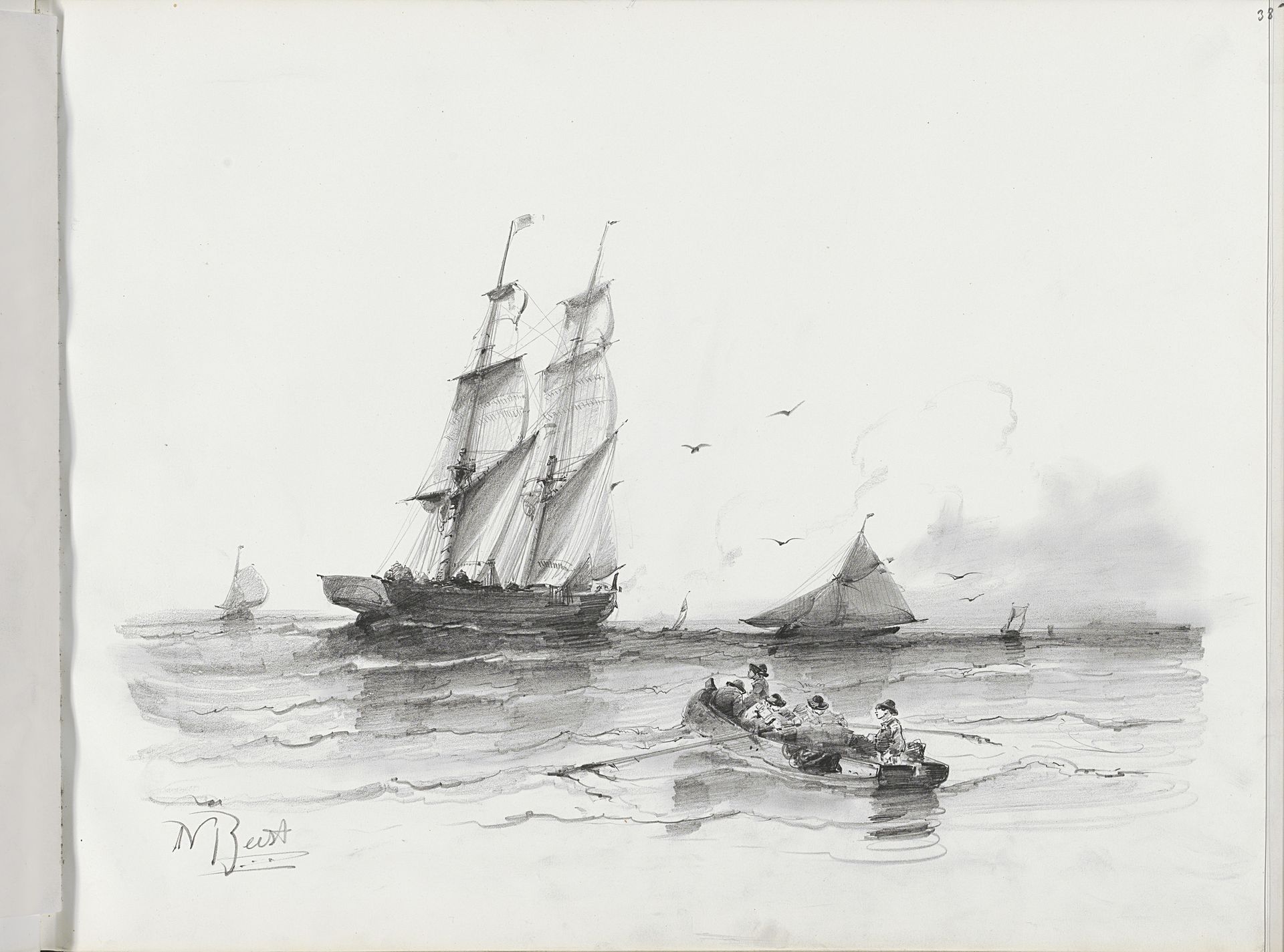 Zeilboten, een tweemaster en roeiboot op het water by Albertus van Beest