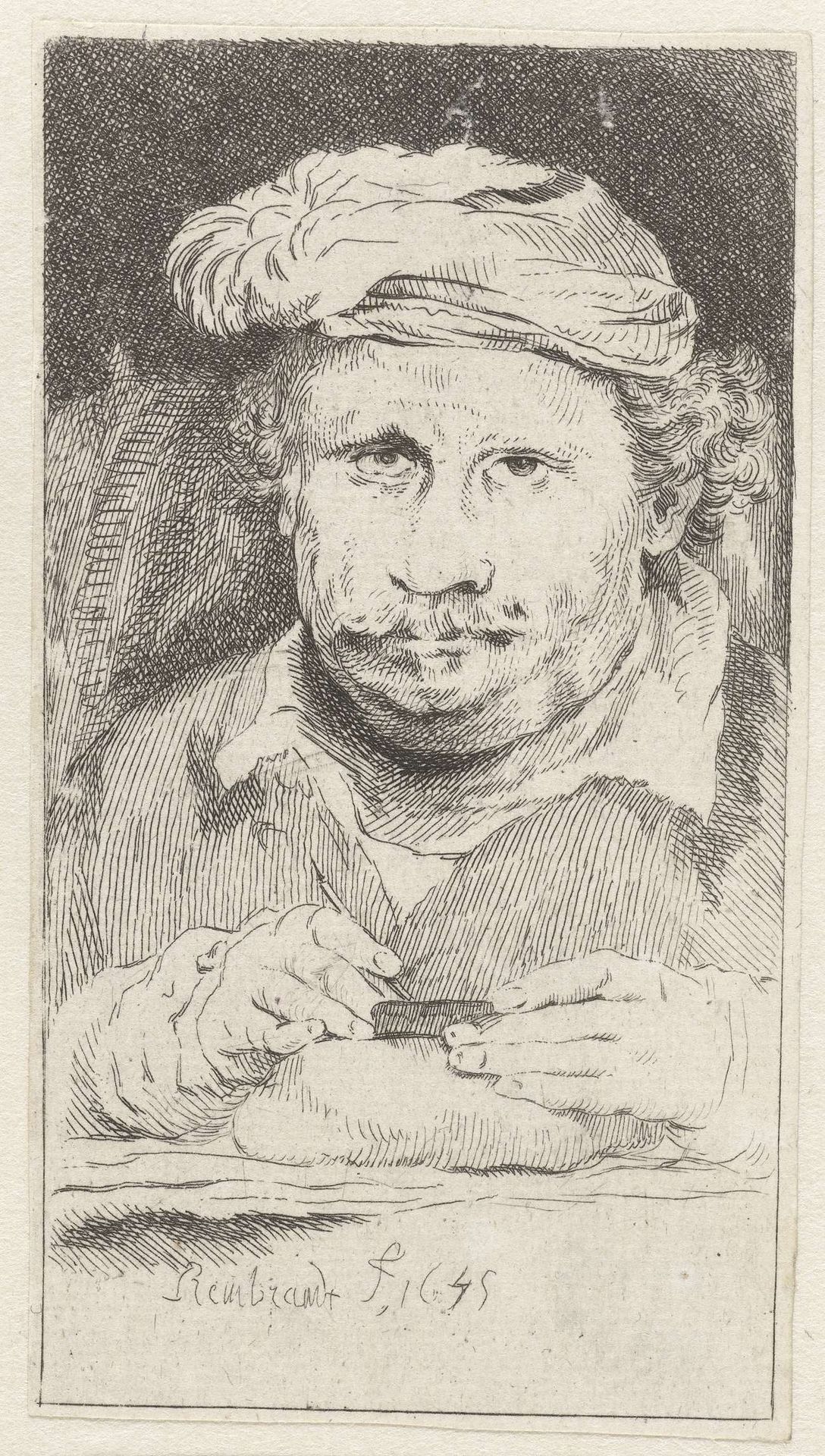 Self-portrait, drawing on an etching-plate by Pierre François Basan