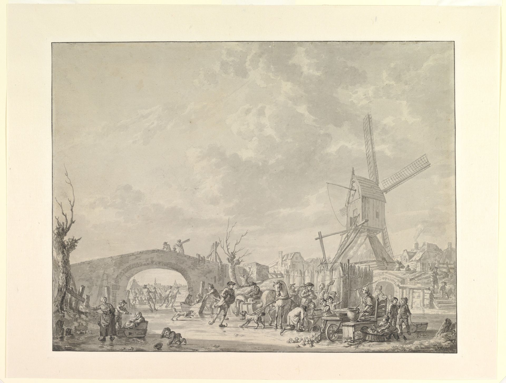 Winter Landscape with Skaters and Sledges on the Ice, a Bridge and a Mill behind by Abraham van Strij
