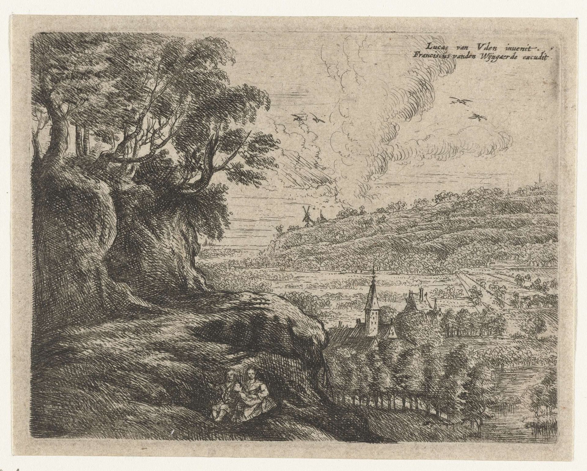 Landschap met een man, vrouw en kind by Philips Augustijn Immenraet