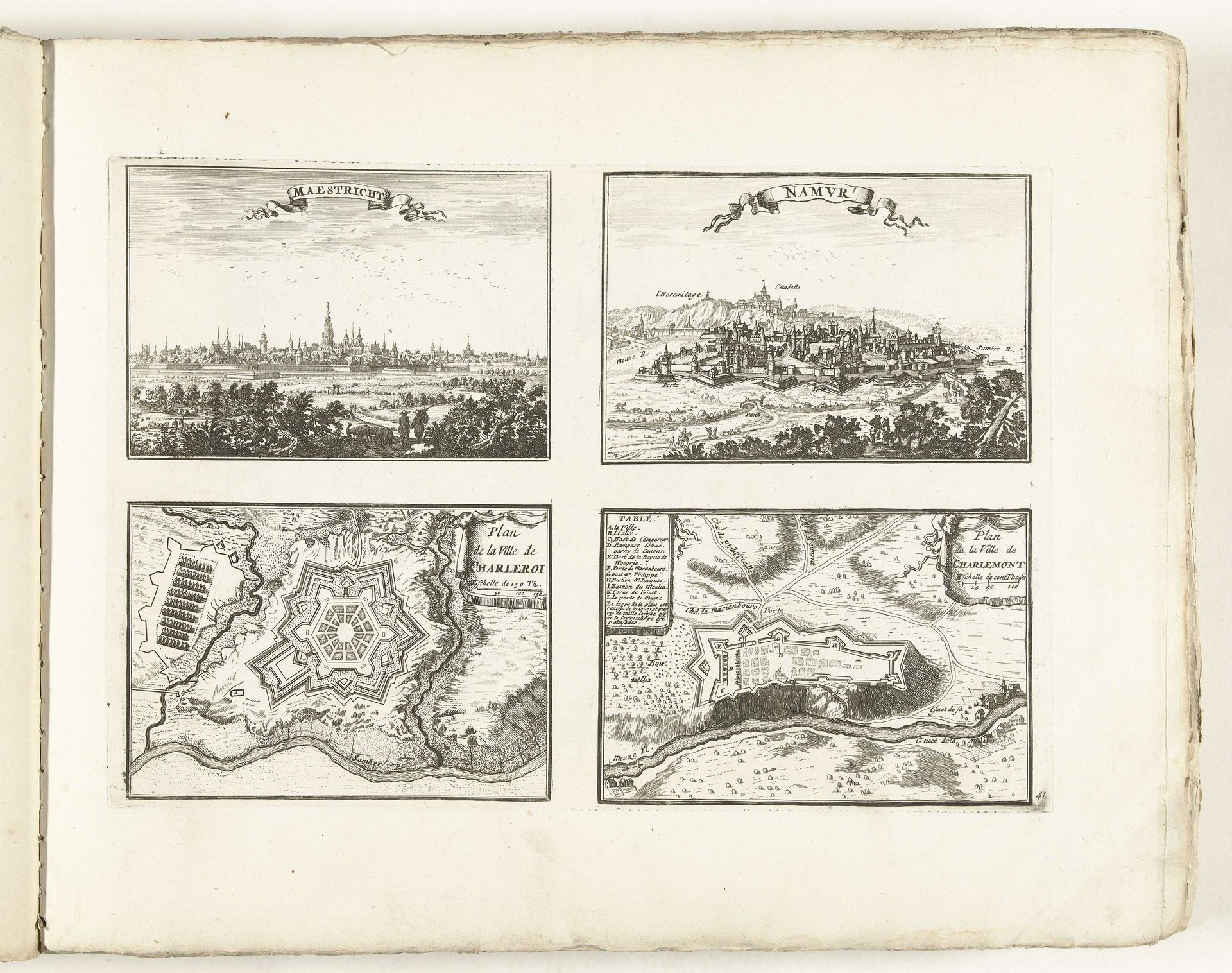 Gezichten en plattegronden van Maastricht, Namen, Charleroi en Fort Charlemont, ca. 1702 by Laurens Scherm