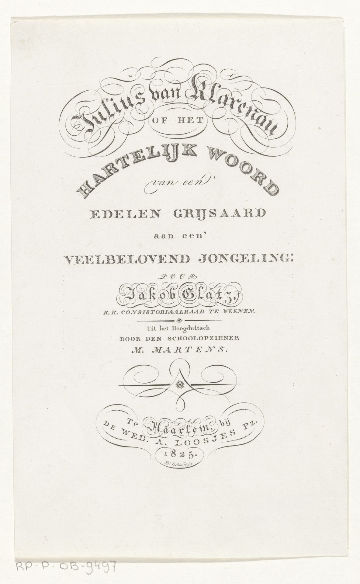 Titelpagina voor: Jakob Glatz, Julius van Klarenau, 1825 by Daniël (I) Veelwaard