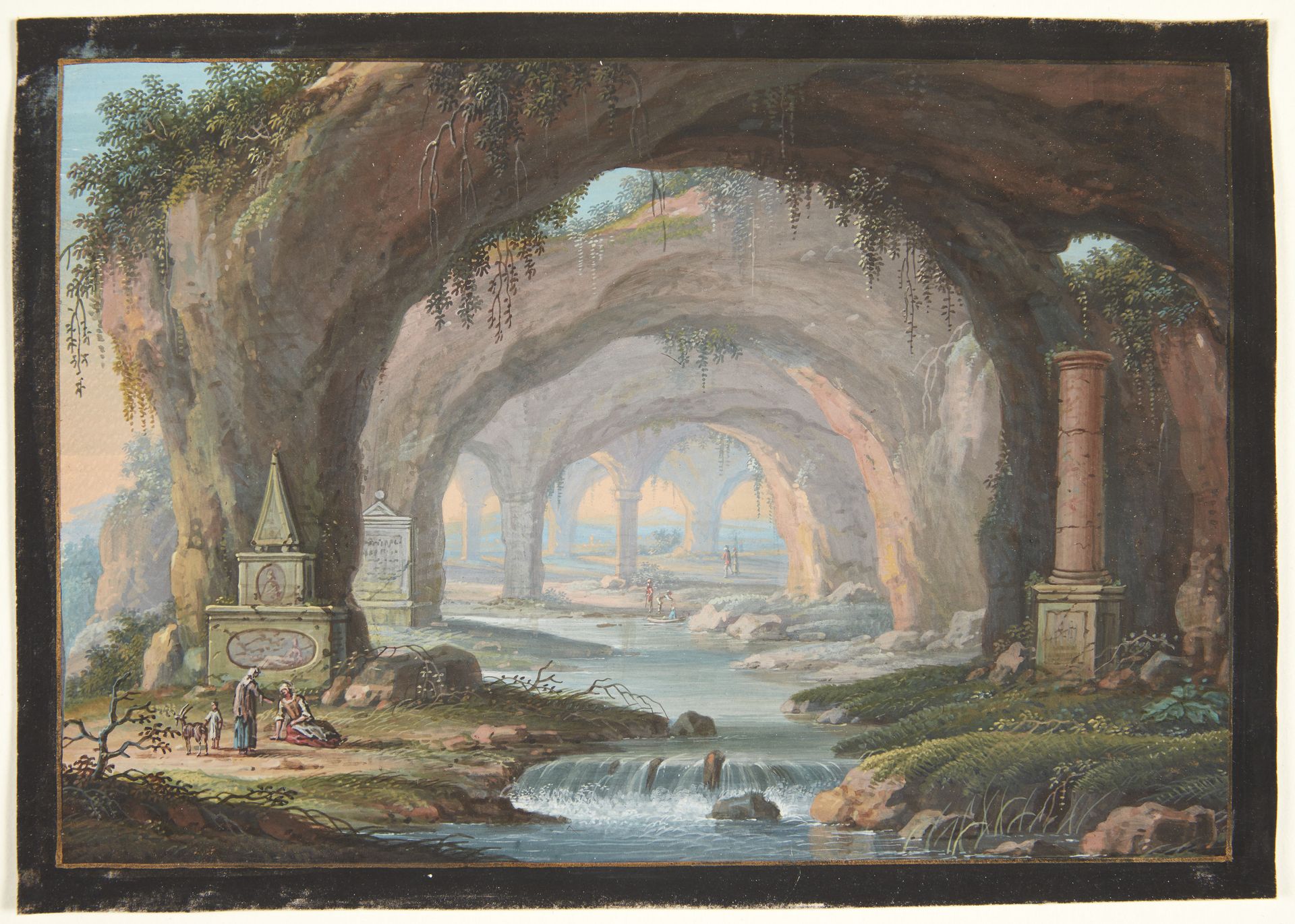Landskab med gennembrudte grotter, gravmonumenter, en flod og figurer by Barbara Dietzsch