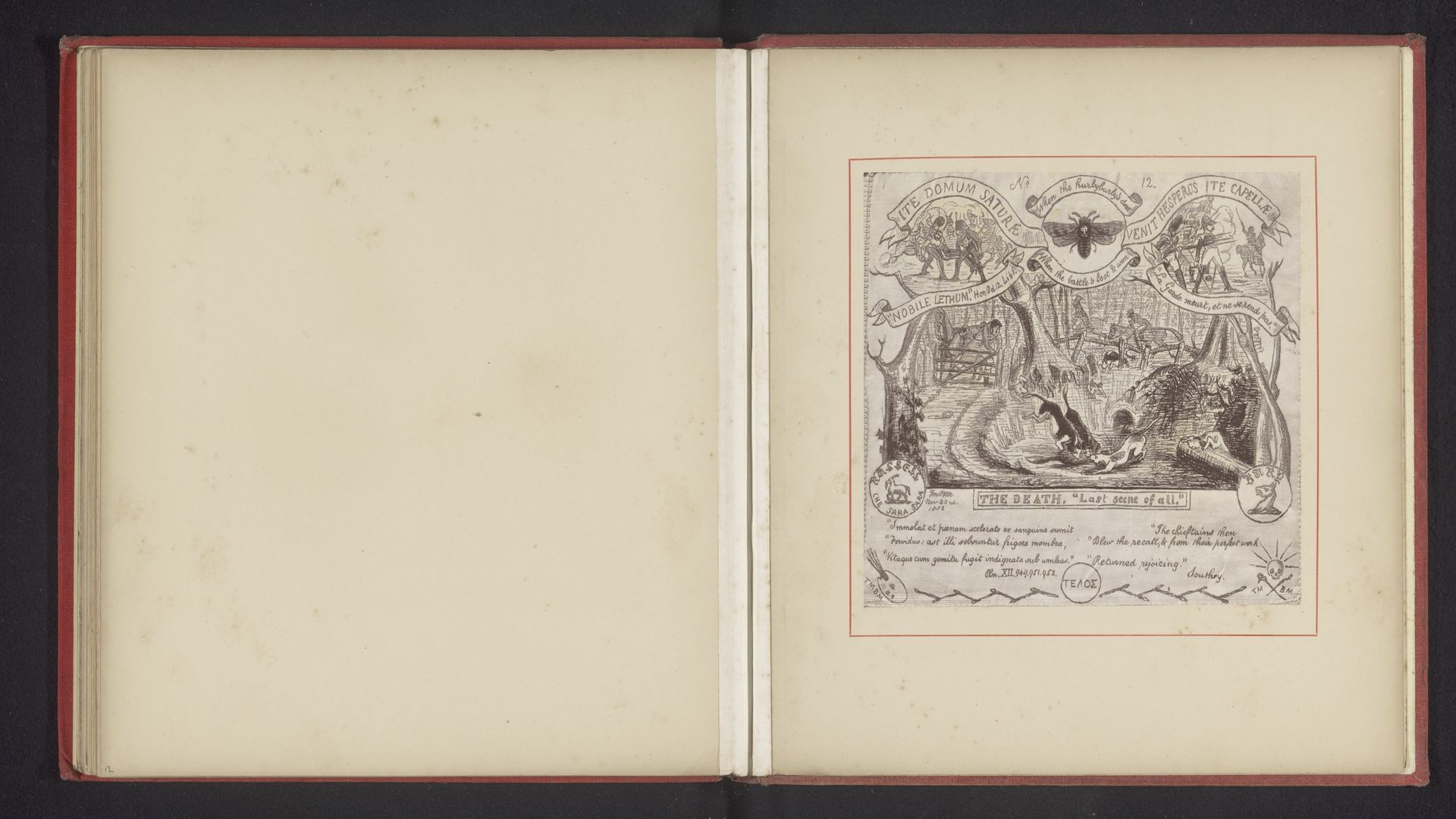 Fotoreproductie van een tekening door Thomas Mervyn Bouchier Marshall, voorstellend jagers te paard en jachthonden bij een prooi omringt door symbolen van de dood by Anonymous