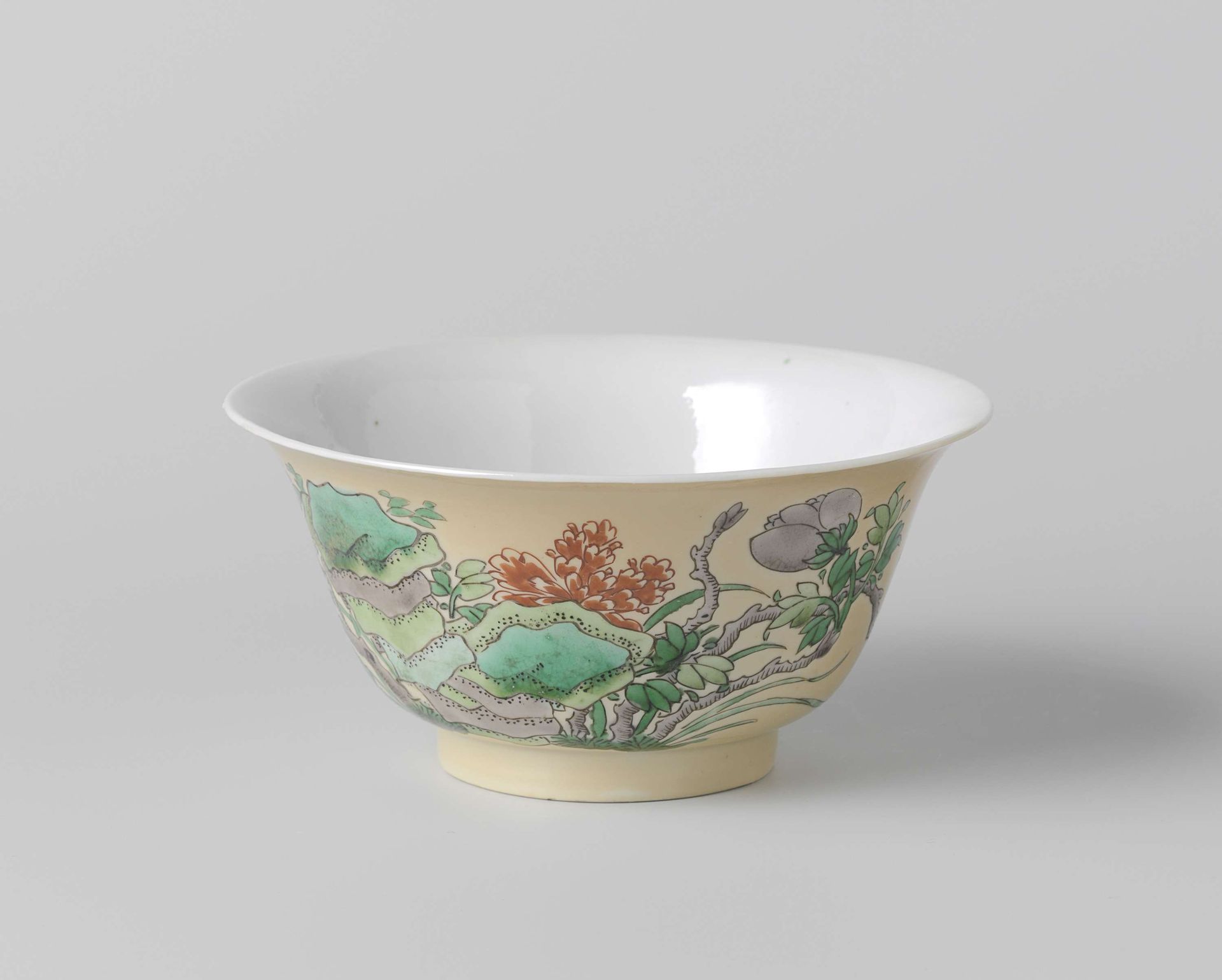 Bell-shaped bowl with onderglaze light brown with rocks and flower by Anonymous