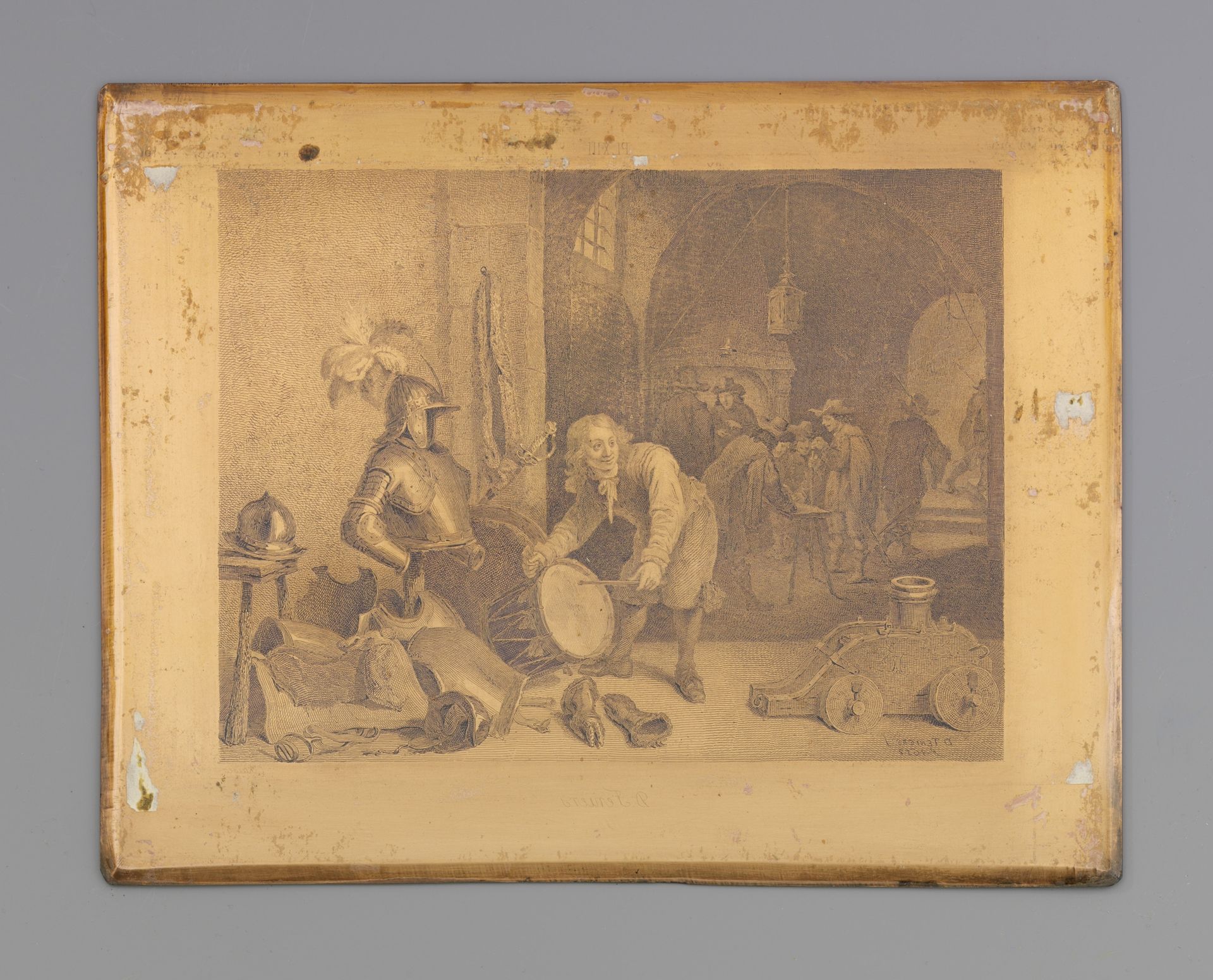 Interieur met een jongen die op een trom slaat by Johann Wilhelm (I) Kaiser