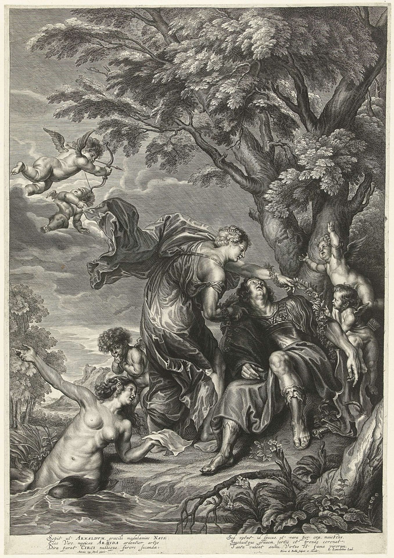 Armida bindt Rinaldo vast met magische ketting by Pieter de Bailliu