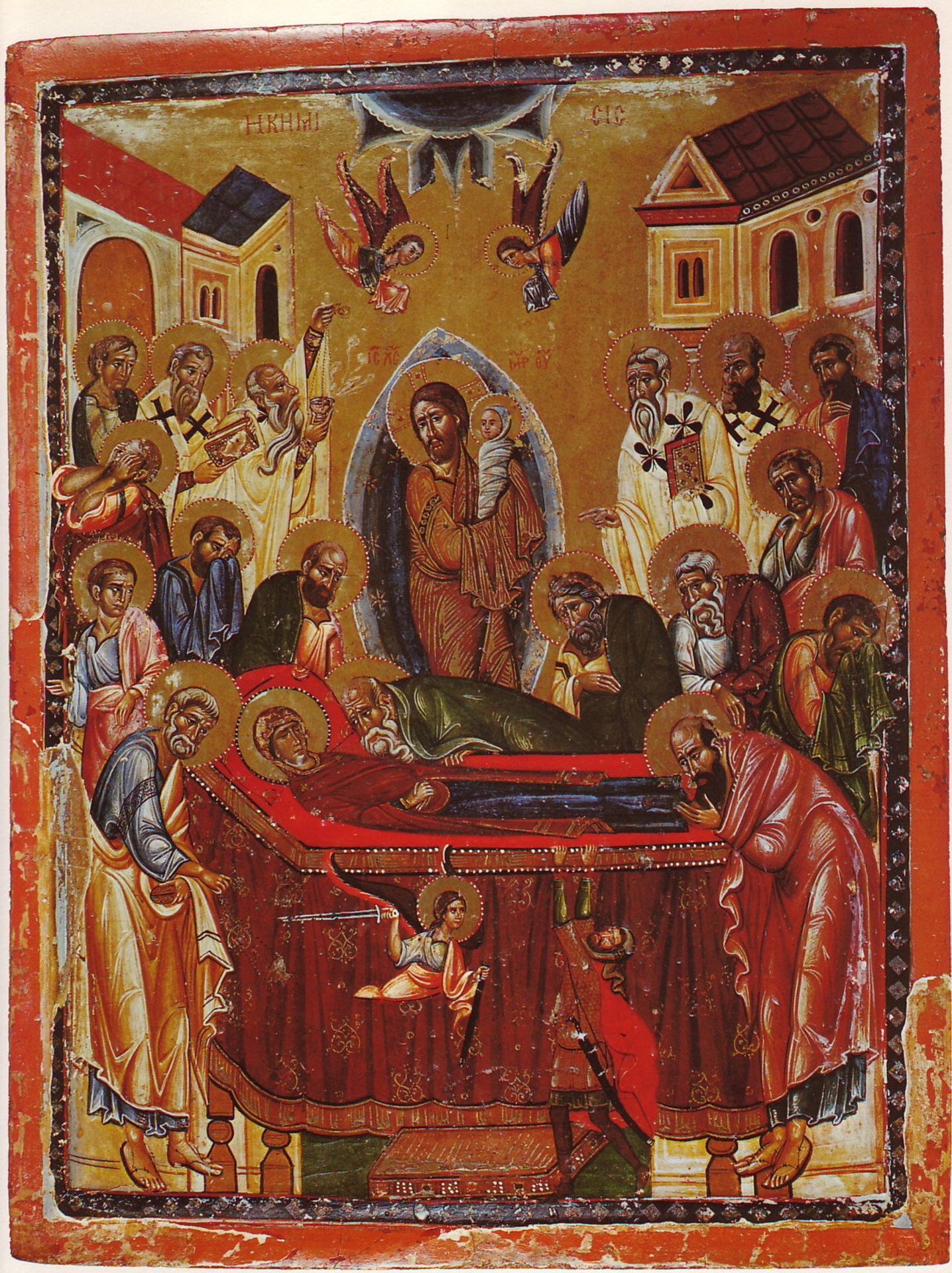 Outlaying of Mary's Corpse with Mourning Saints by Orthodox Icons