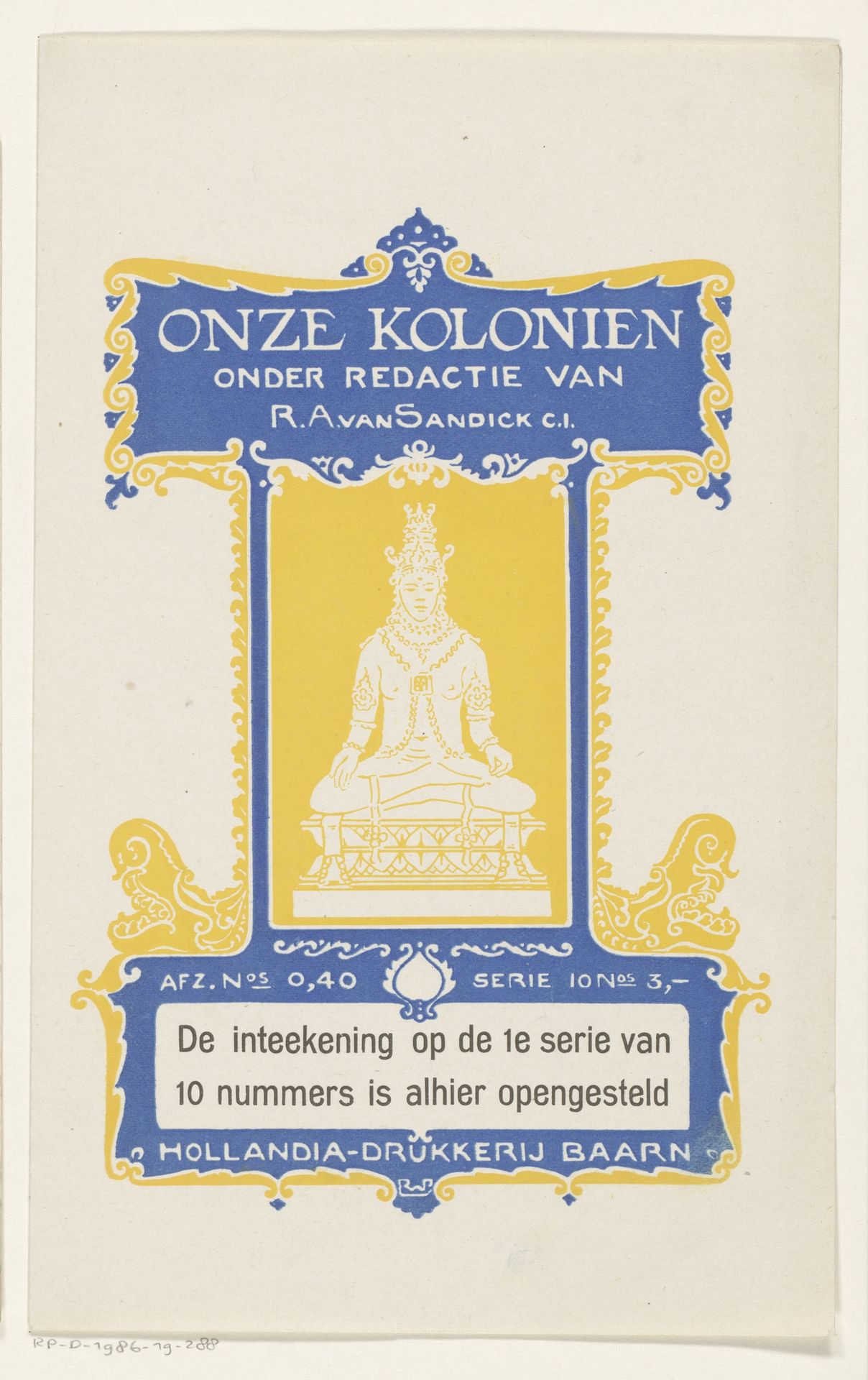 Prospectus van de 'Onze koloniën' reeks van Hollandia-drukkerij te Baarn by Reinier Willem Petrus de (1874-1952) Vries