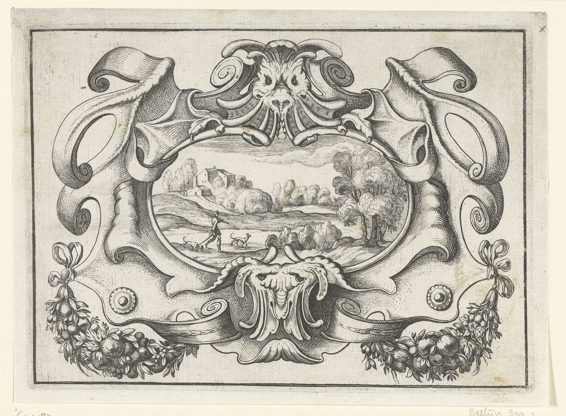 Cartouche met monsterhoofden en twee guirlandes by Daniel Rabel