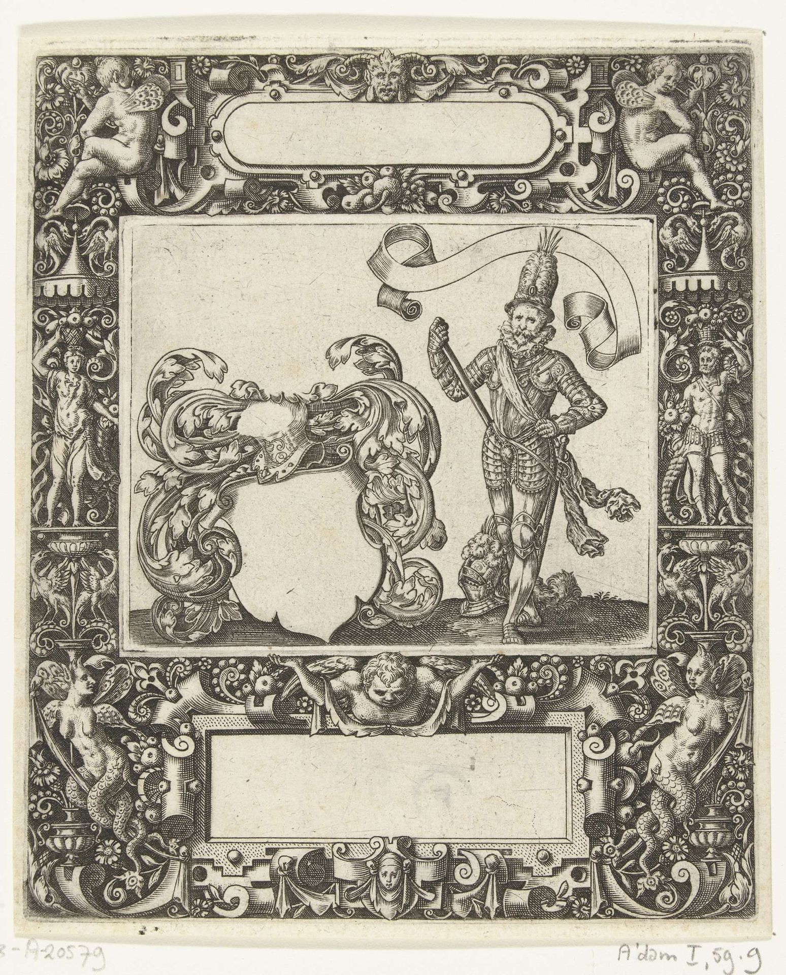 Omlijsting met een langwerpige cartouche met ronde zijkanten middenboven by Theodor de Bry