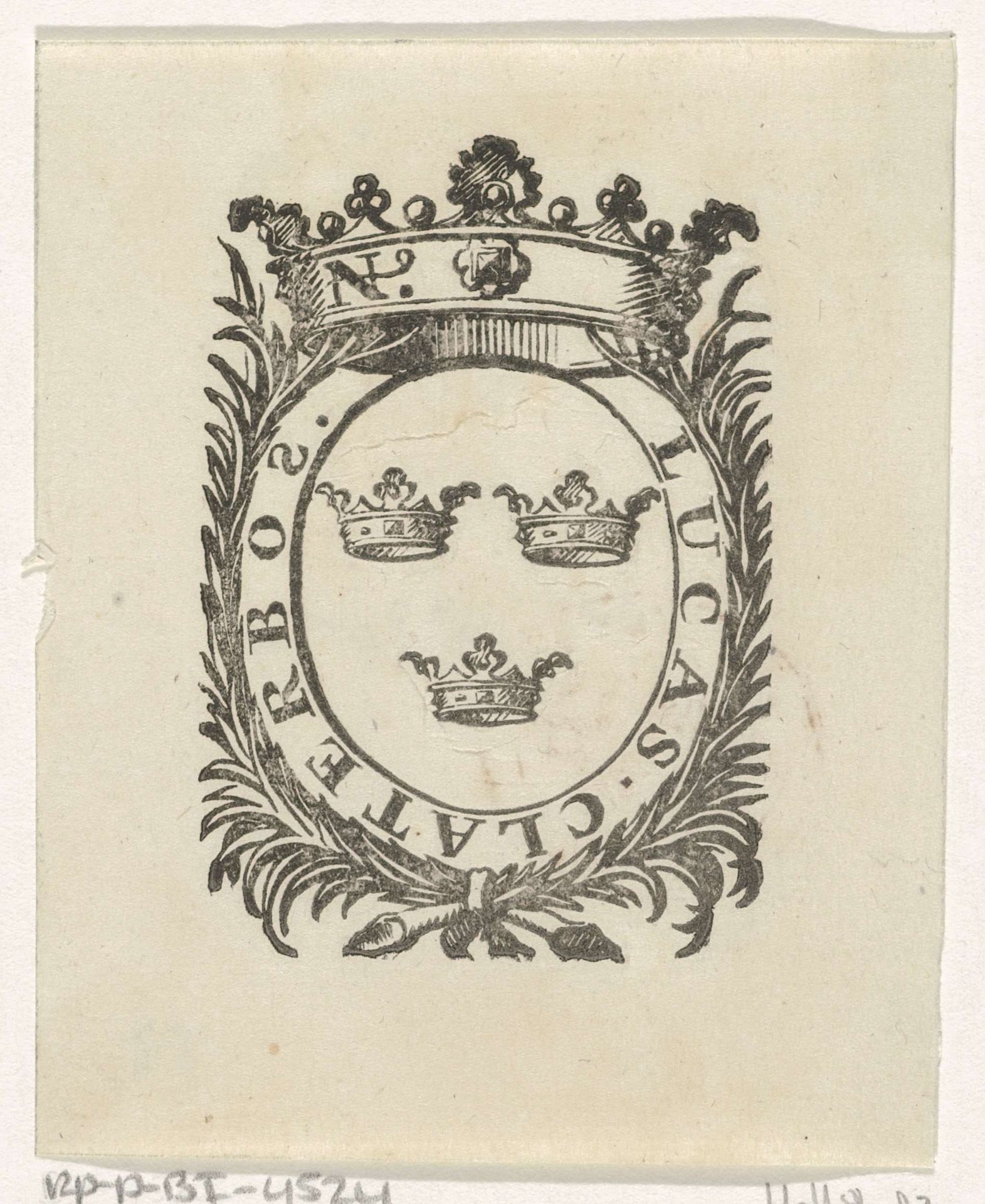 Handelsetiket van Lucas Claterbos by Isaac Vincentsz. van der Vinne