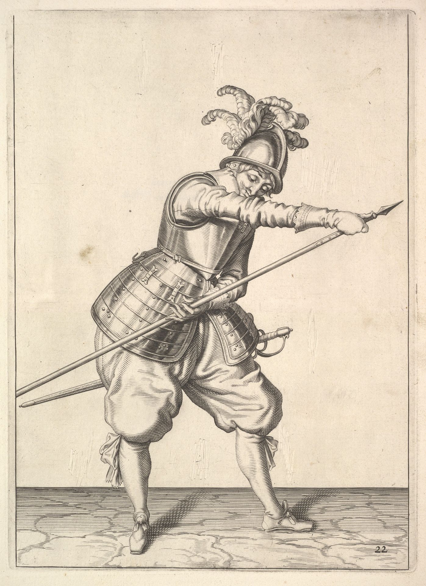 A soldier sliding his right hand along the training-pike, from the Lansquenets series, plate 22, in Wapenhandelinghe van Roers Musquetten Ende Spiessen (The Exercise of Arms) by Jacques de Gheyn II