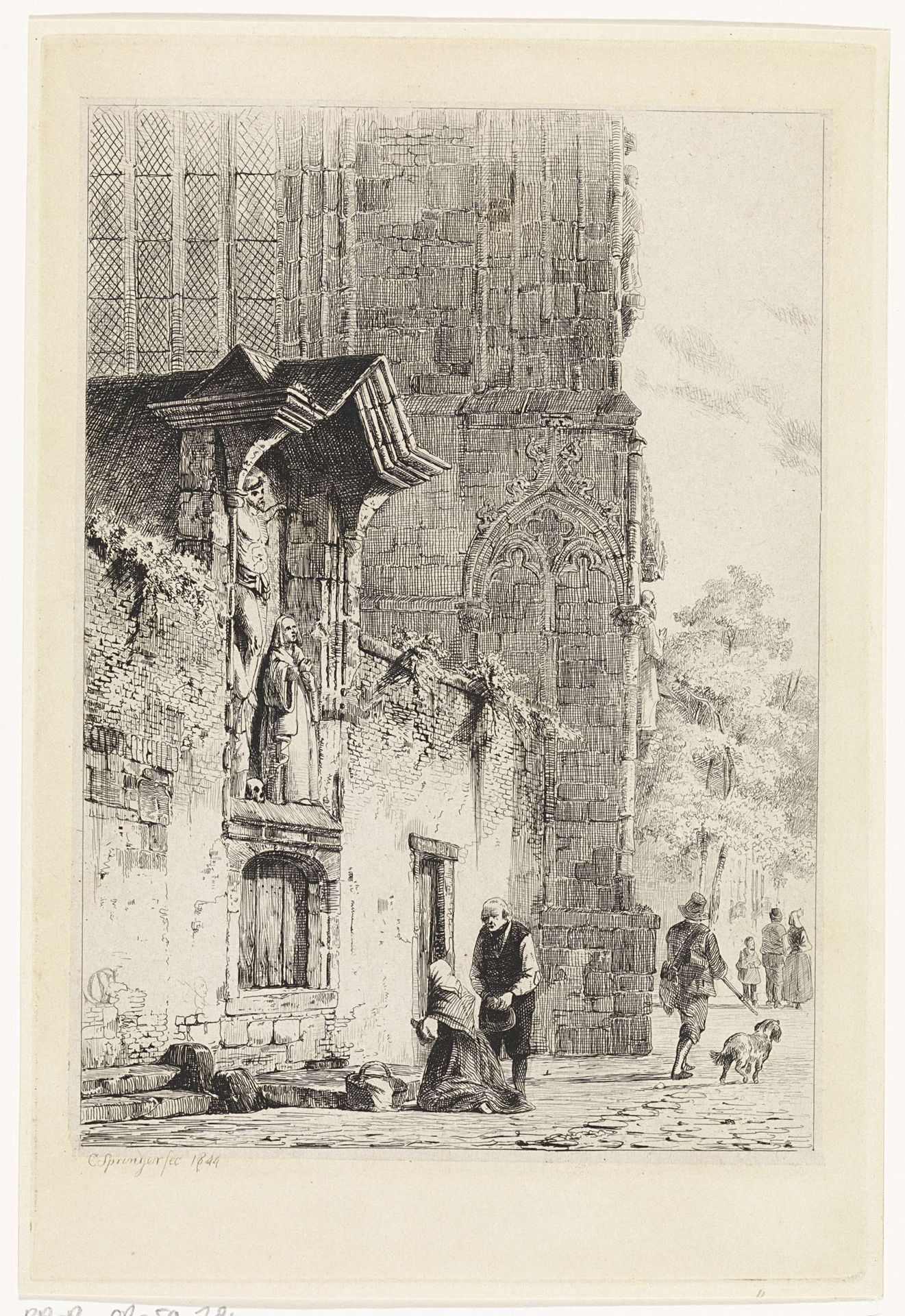 Vrouw knielend voor een kapelletje by Cornelis Springer