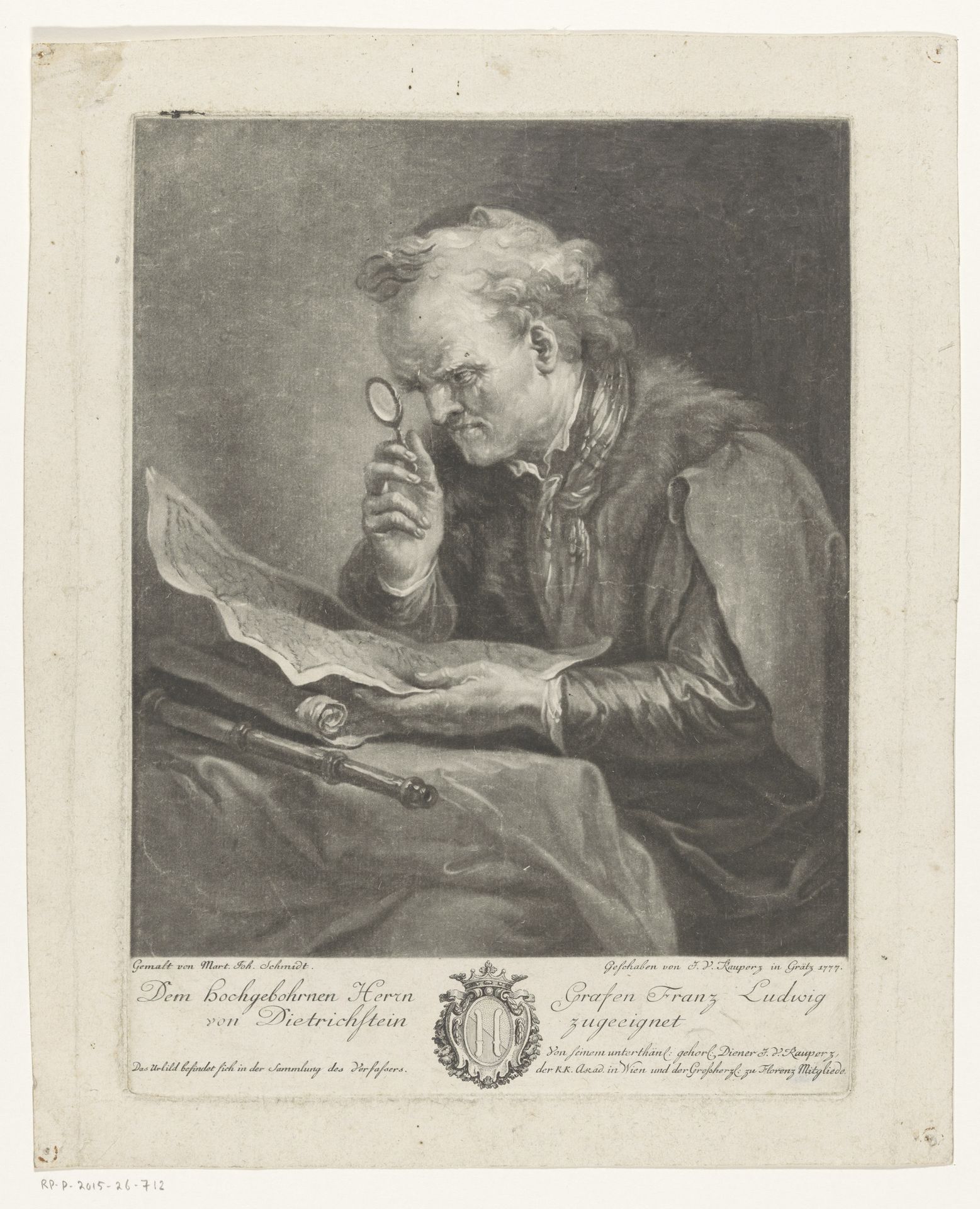 Man bestudeert een kaart met een vergrootglas by Johann Veit Kauperz