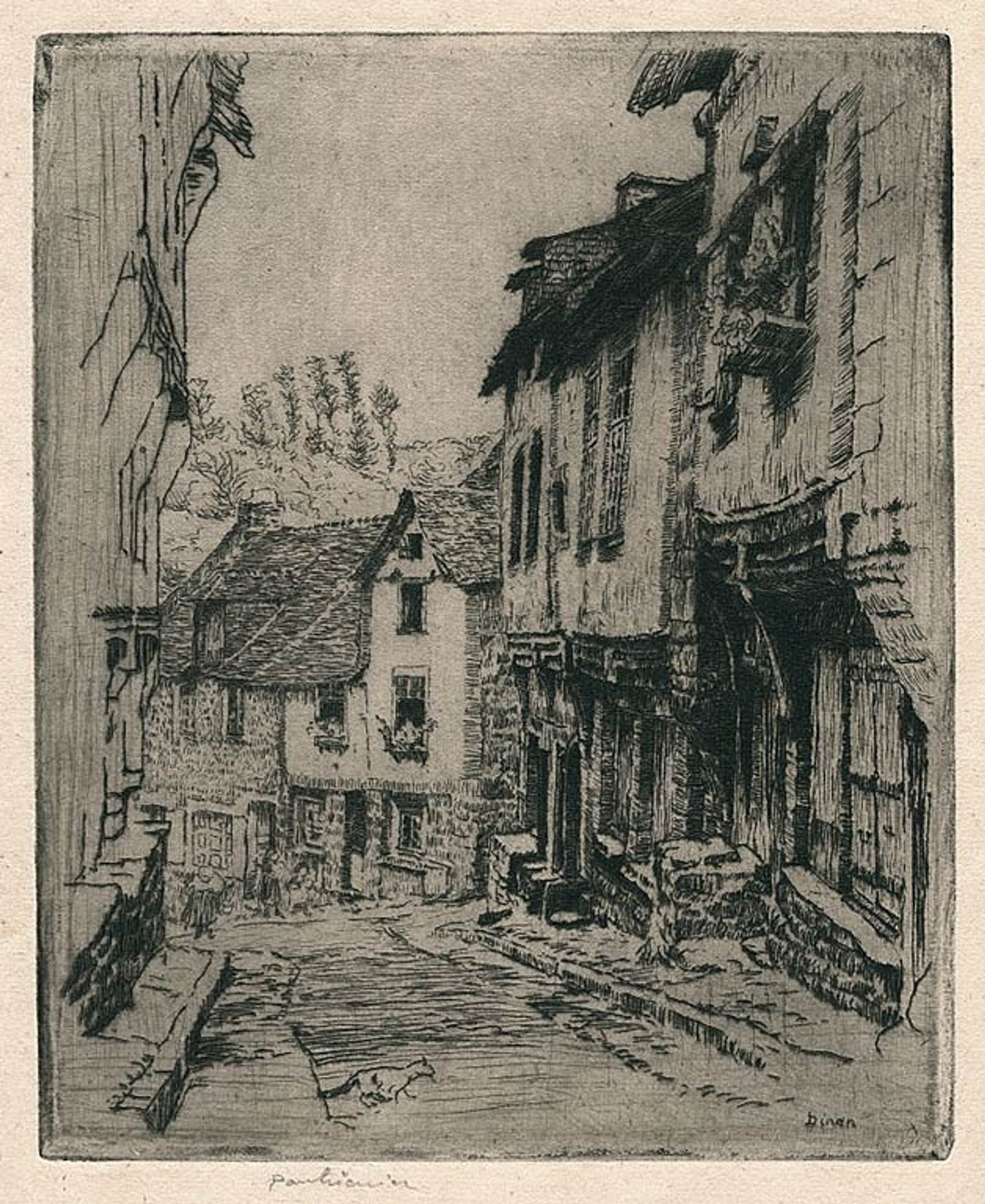 Aquafort Jerzual Street in Dinan (with Cat) by Józef Pankiewicz