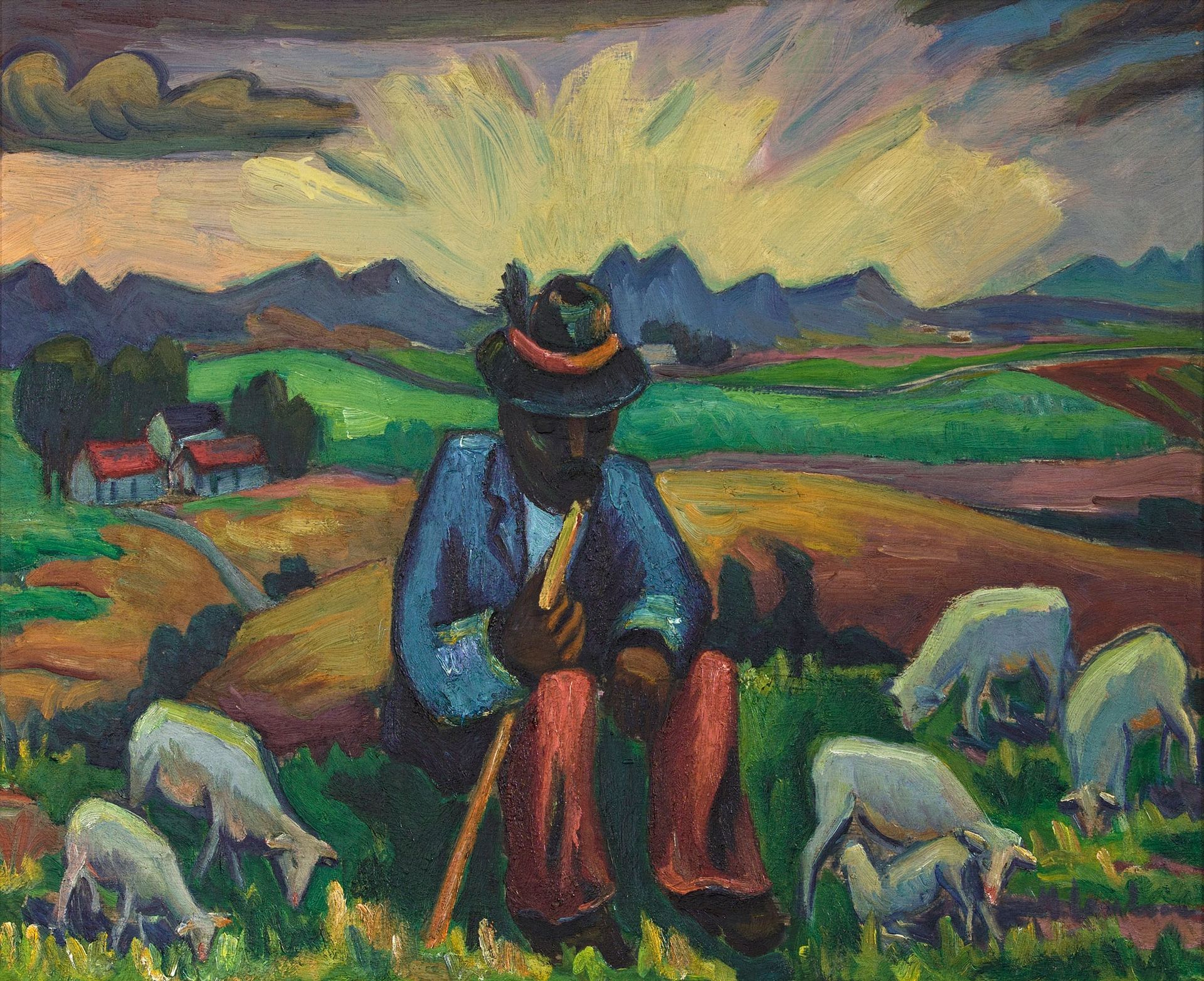 Shepherd Seated with His Flock by Maggie Laubser