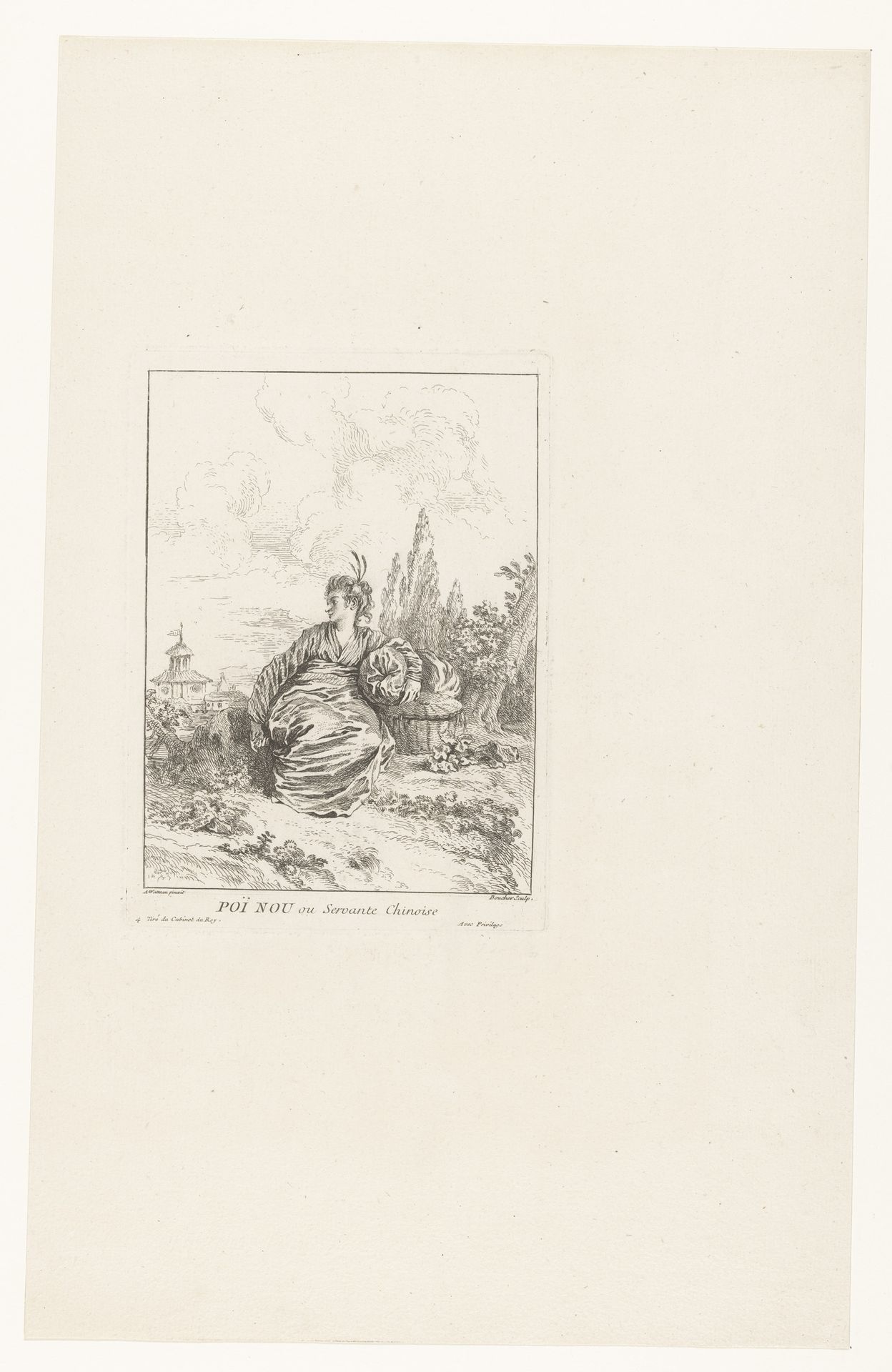 Chinese bediende, zittend in een tuin by Francois Boucher