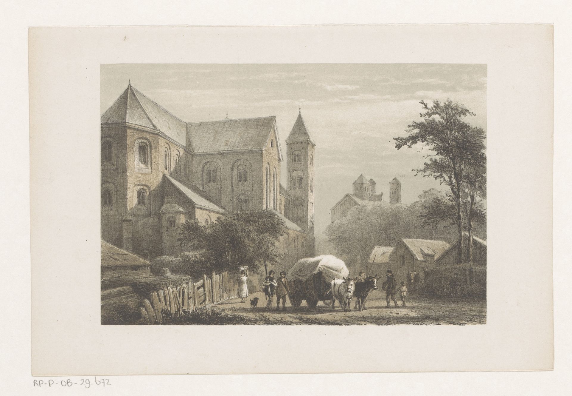 Runderen met wagen voor elfde-eeuwse kerk by Cornelis Springer