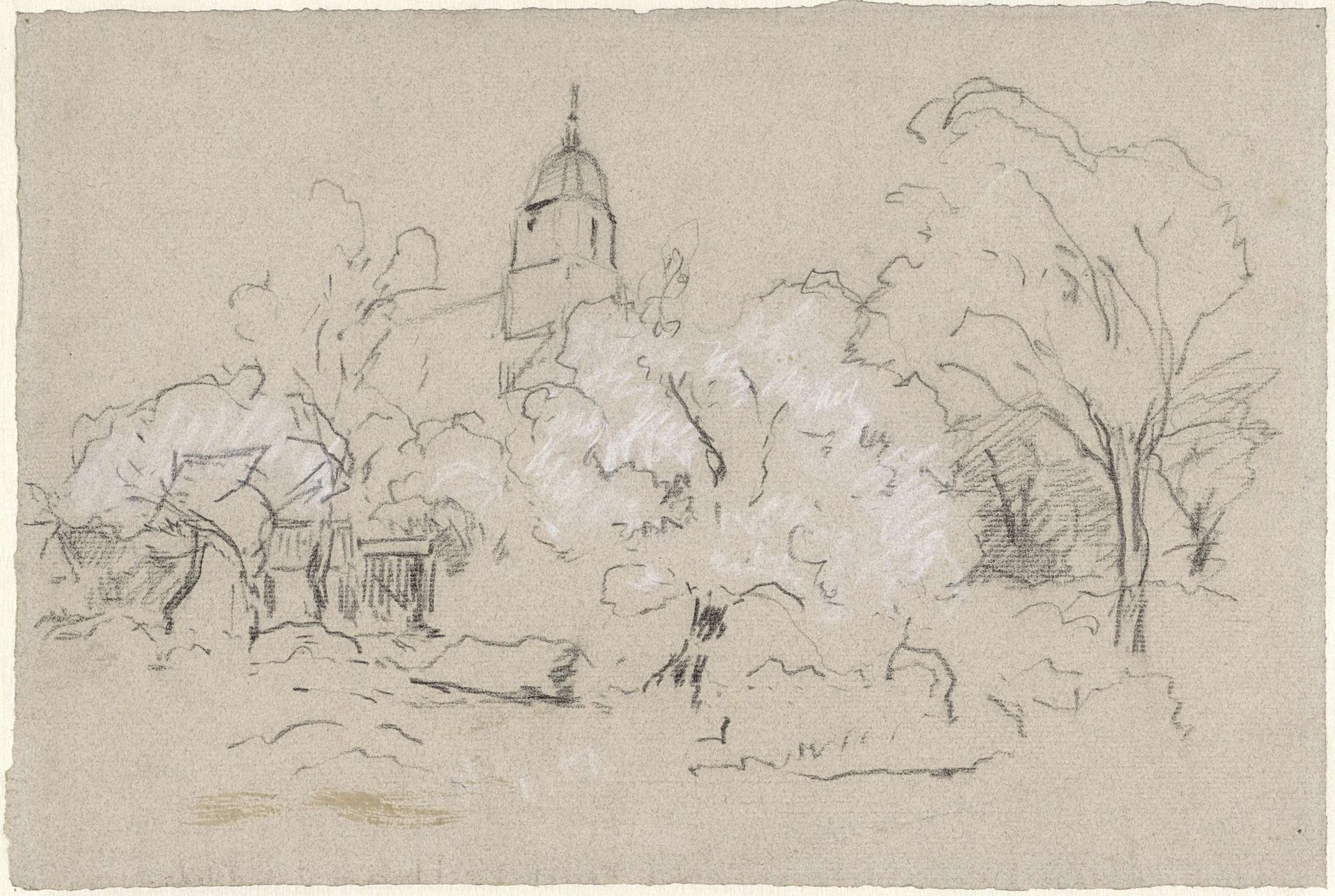 Gezicht op een dorpje met kerk verscholen achter enkele bomen by Egbert Rubertus Derk Schaap