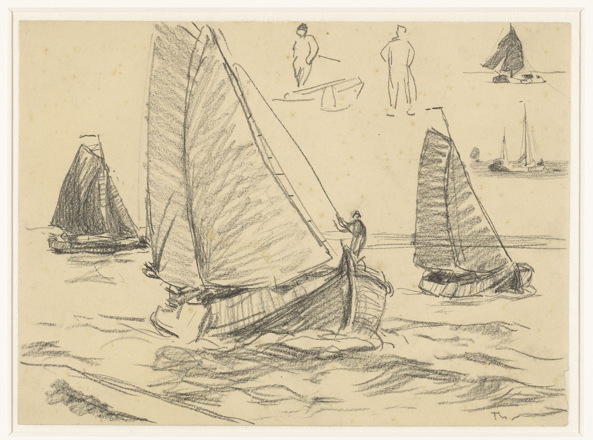 Zeilende Botters, met rechts boven enkele schetsen by Willem Bastiaan Tholen