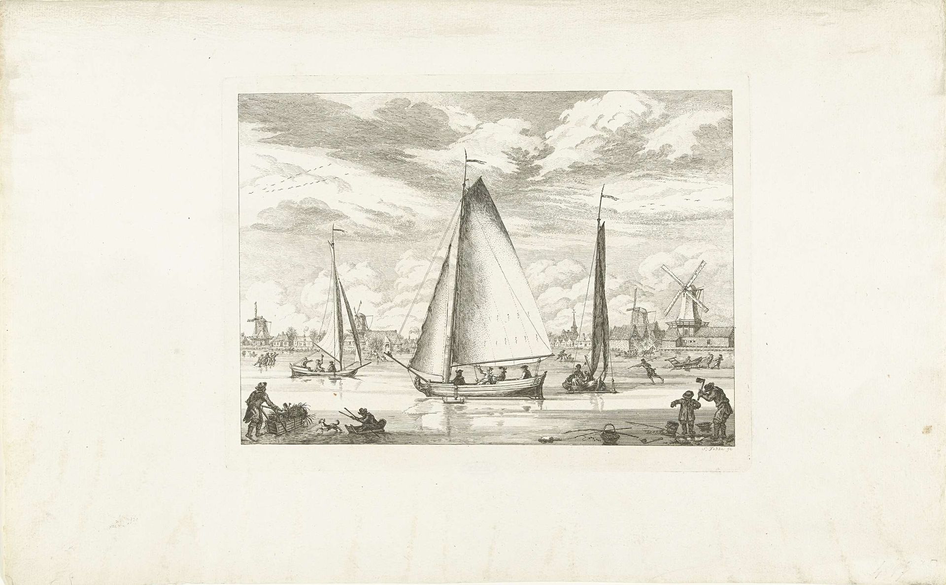 Hollandse ijsschuitjes met op de achtergrond Koog aan de Zaan, ca. 1775 by Simon Fokke