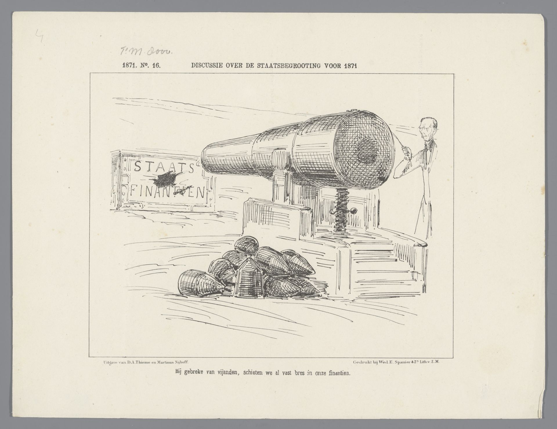 Spotprent op de hoge kosten van defensie, 1871 by Johan Michaël Schmidt Crans