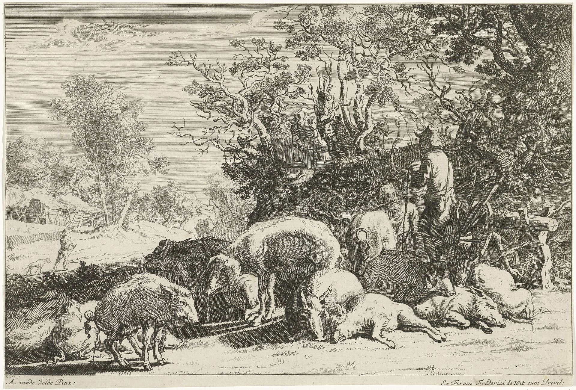 Varkenshoeder met kudde varkens by Johannes Gronsveld