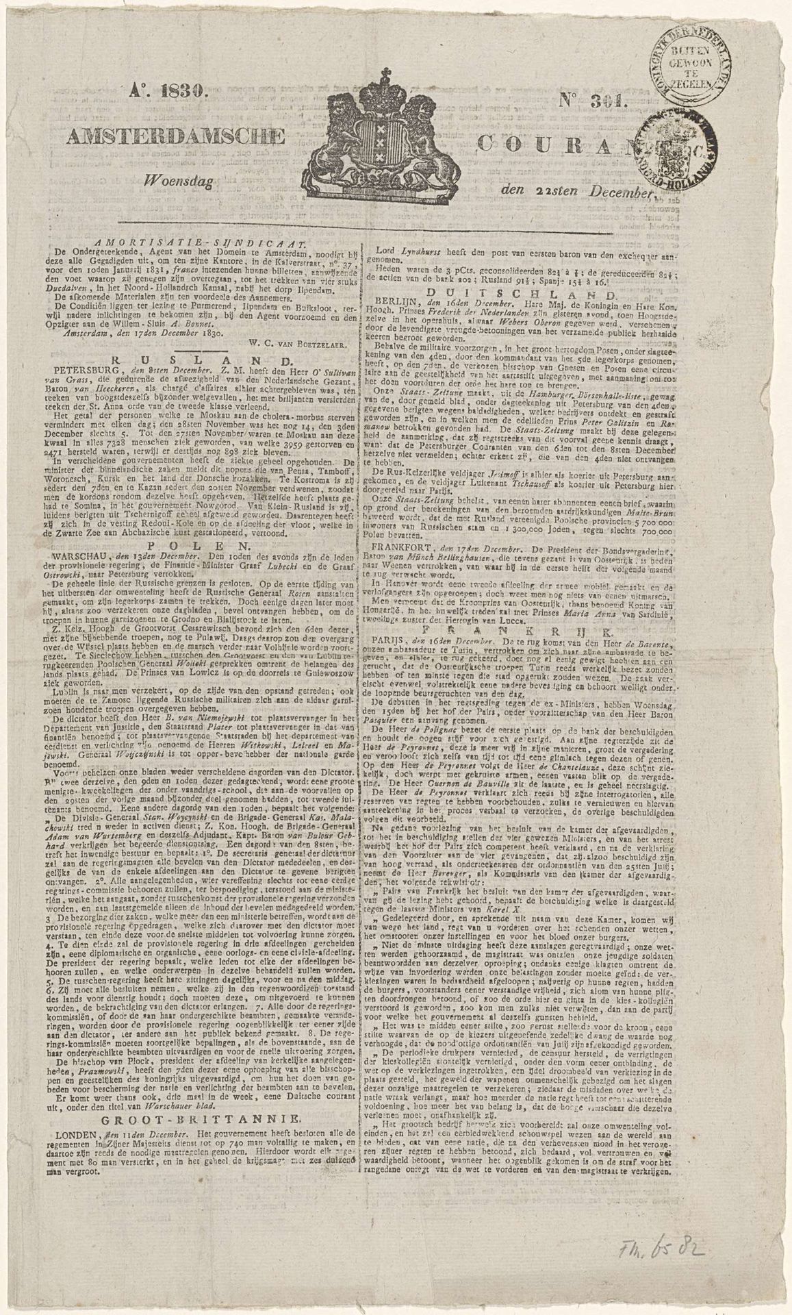 Amsterdamsche Courant, 22 december 1830 by J. van Bonga