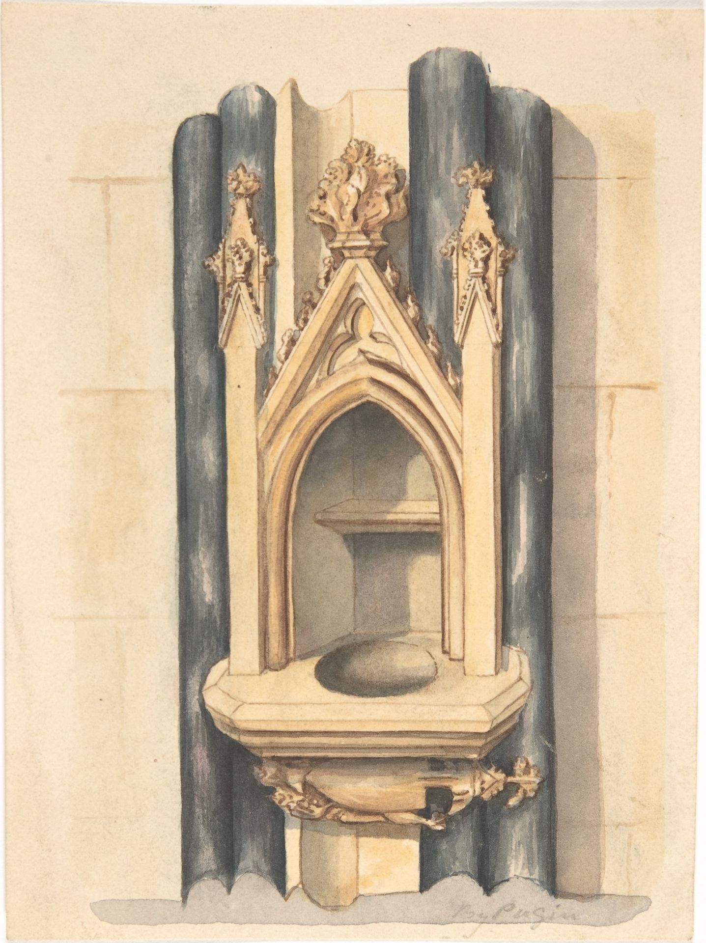 Design for baptismal  font set between paired Purbeck marble columns by Auguste Charles Pugin