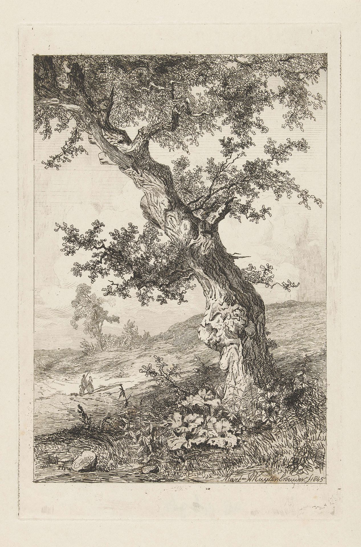Heuvelachtig landschap met een scheve boom en twee wandelaars by Martinus Antonius Kuytenbrouwer jr.