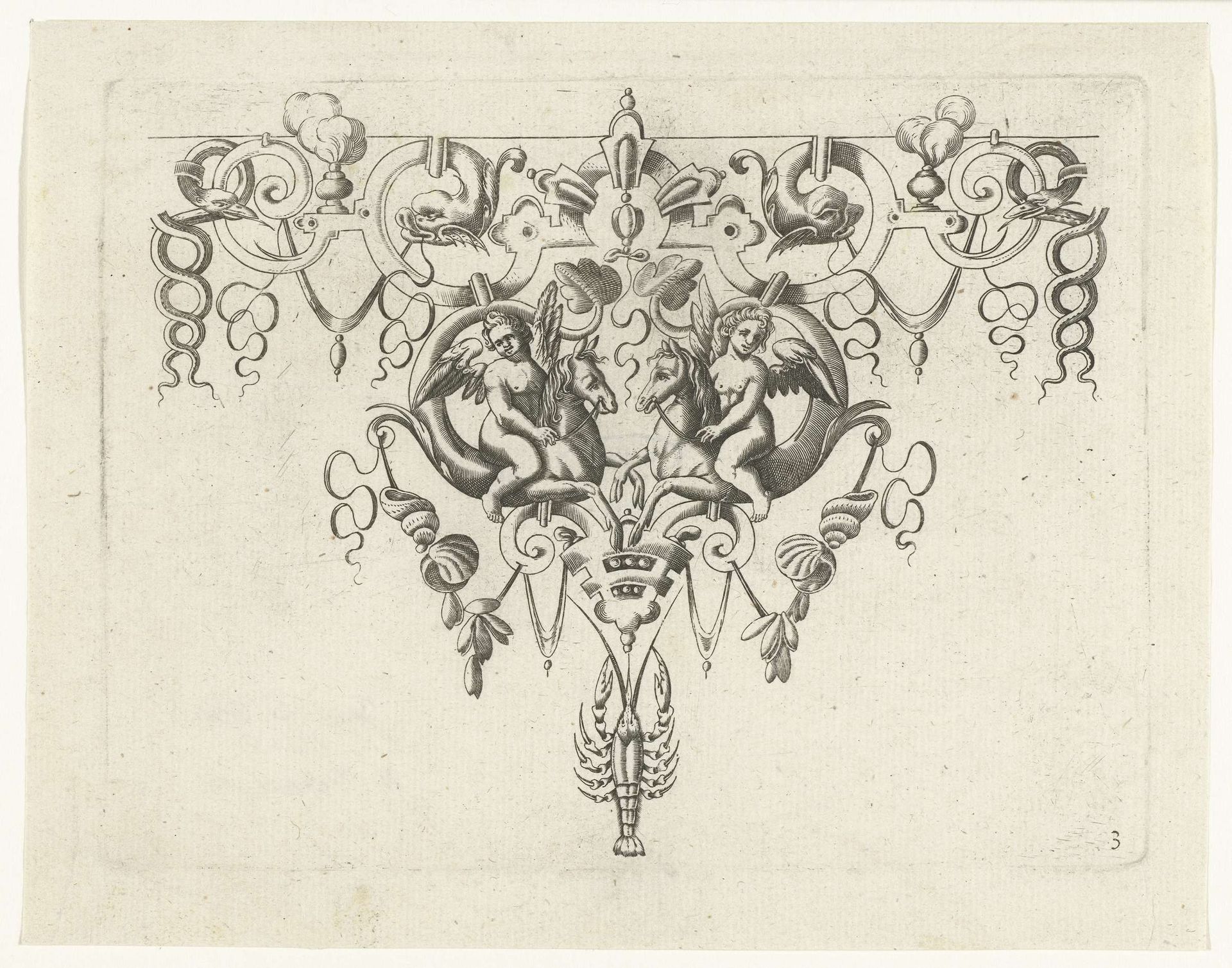 Randornament met twee putti op zeepaarden by H. Picart