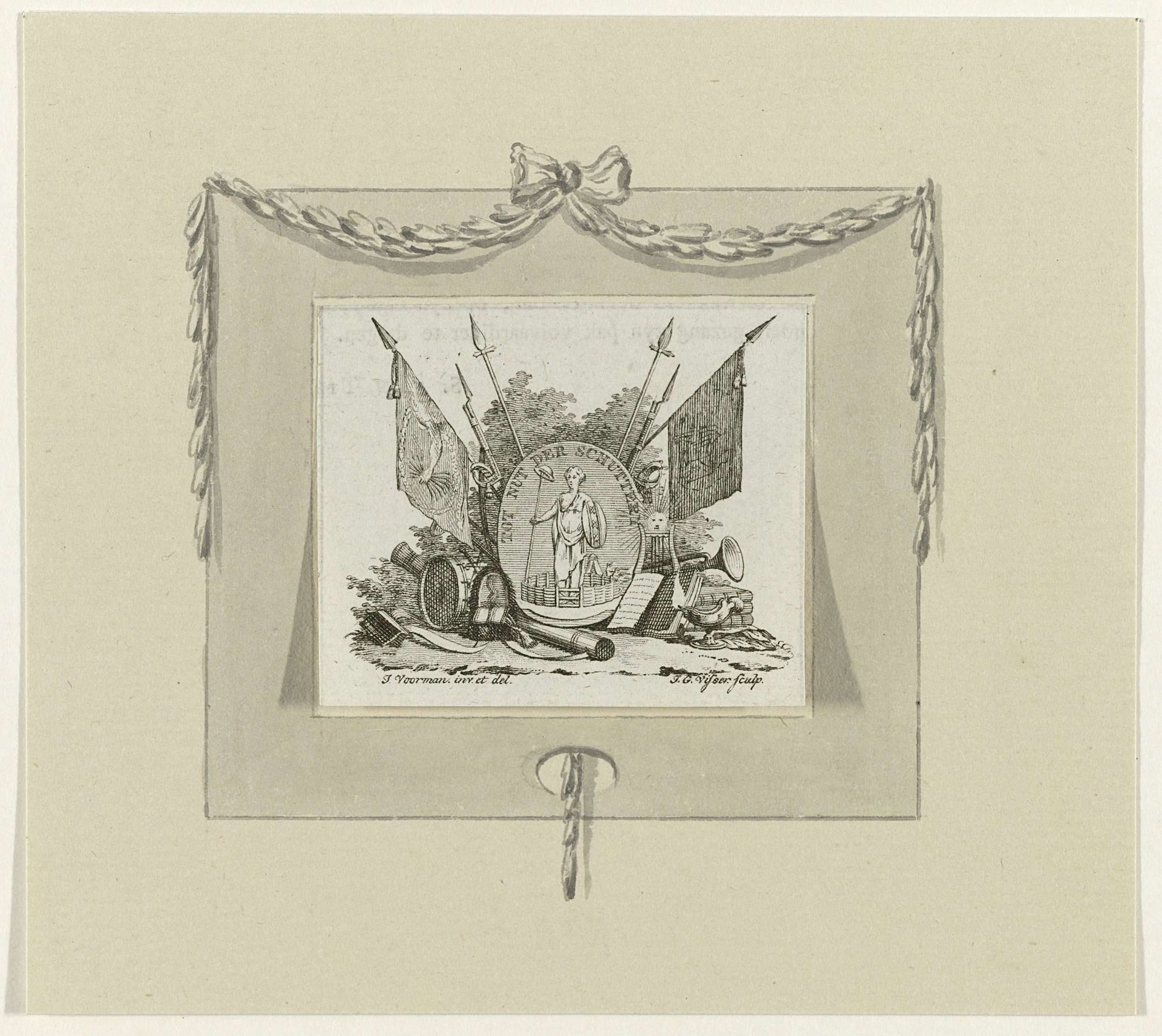 Vignet met het embleem van het exercitiegenootschap Tot Nut der Schuttery, 1786 by Jan Gerritsz. Visser