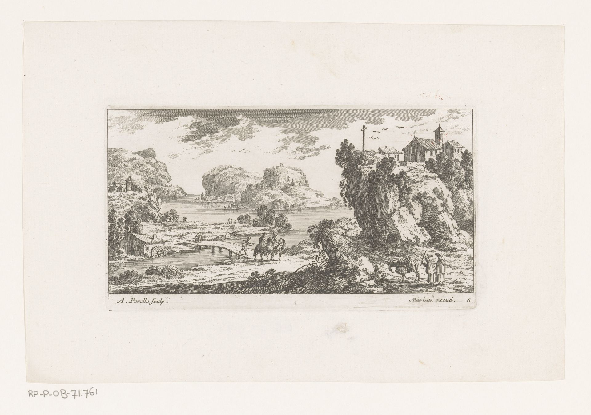 Rivierlandschap met kapel op rots by Adam Perelle