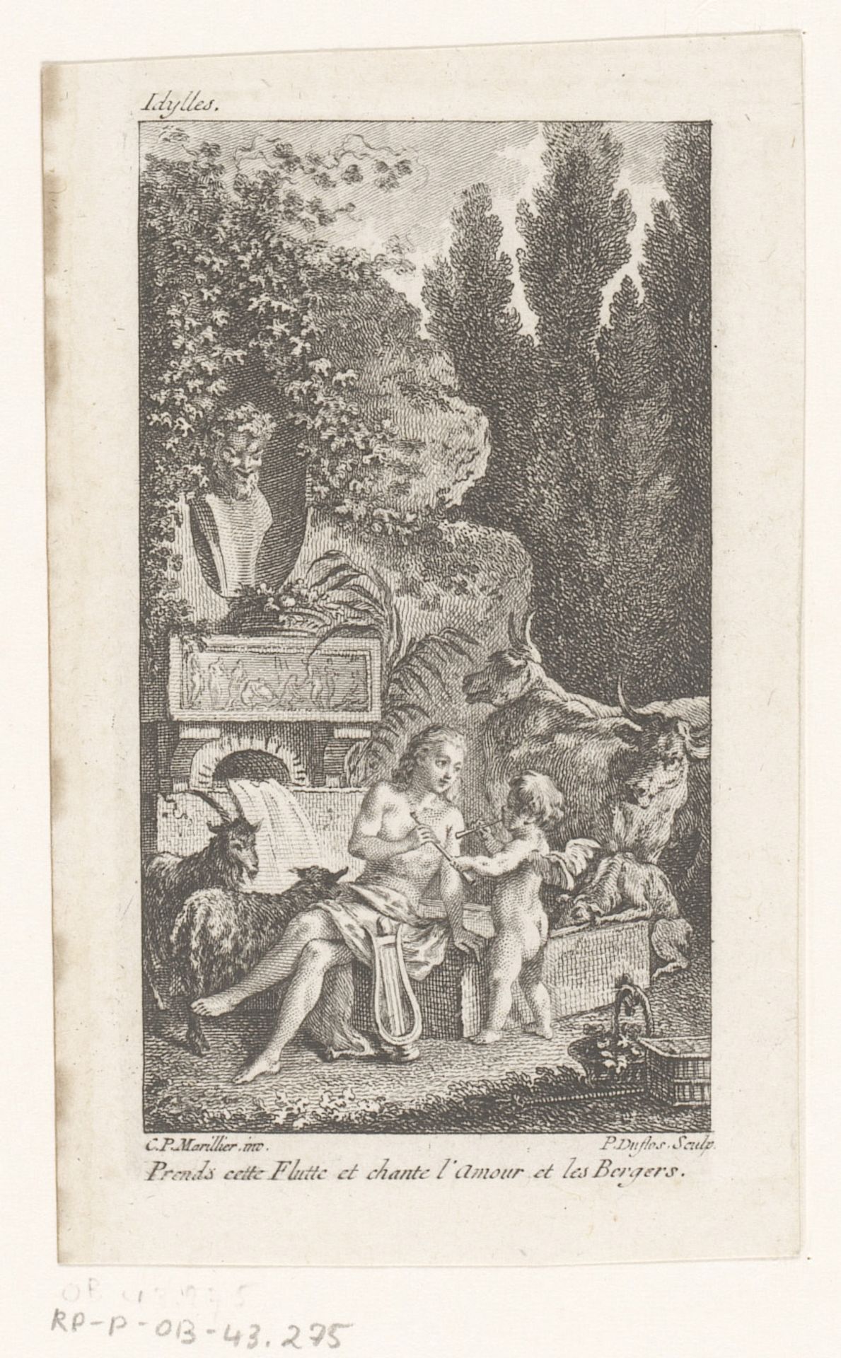 Amor en herder met kudde bij bron by Pierre Duflos