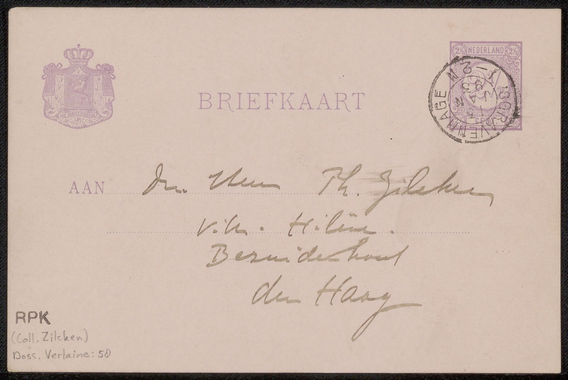 Briefkaart aan Philip Zilcken by Jan Toorop