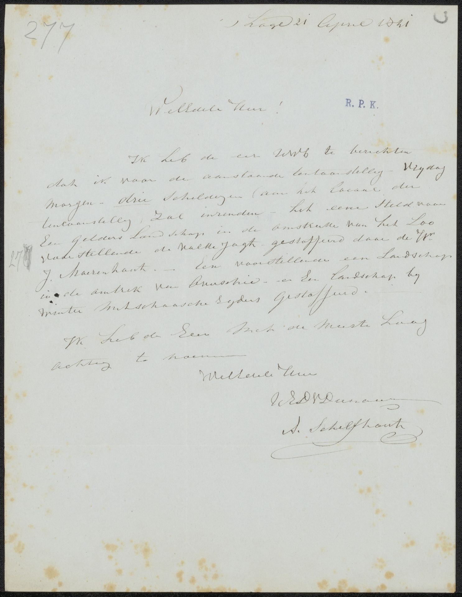 Brief aan G.M.C. Hooft, secretaris van de commissie van de Tentoonstelling van Levende Meesters in Den Haag by Andreas Schelfhout