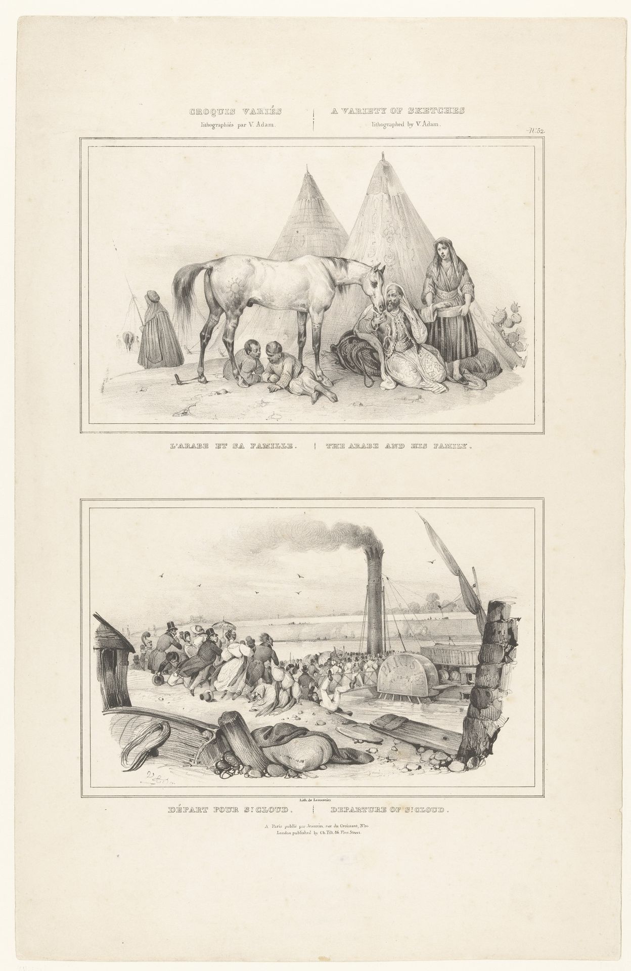 Twee voorstellingen met een arabier en zijn familie en het vertrek van het stoomschip 'Saint-Cloud' by Victor Adam