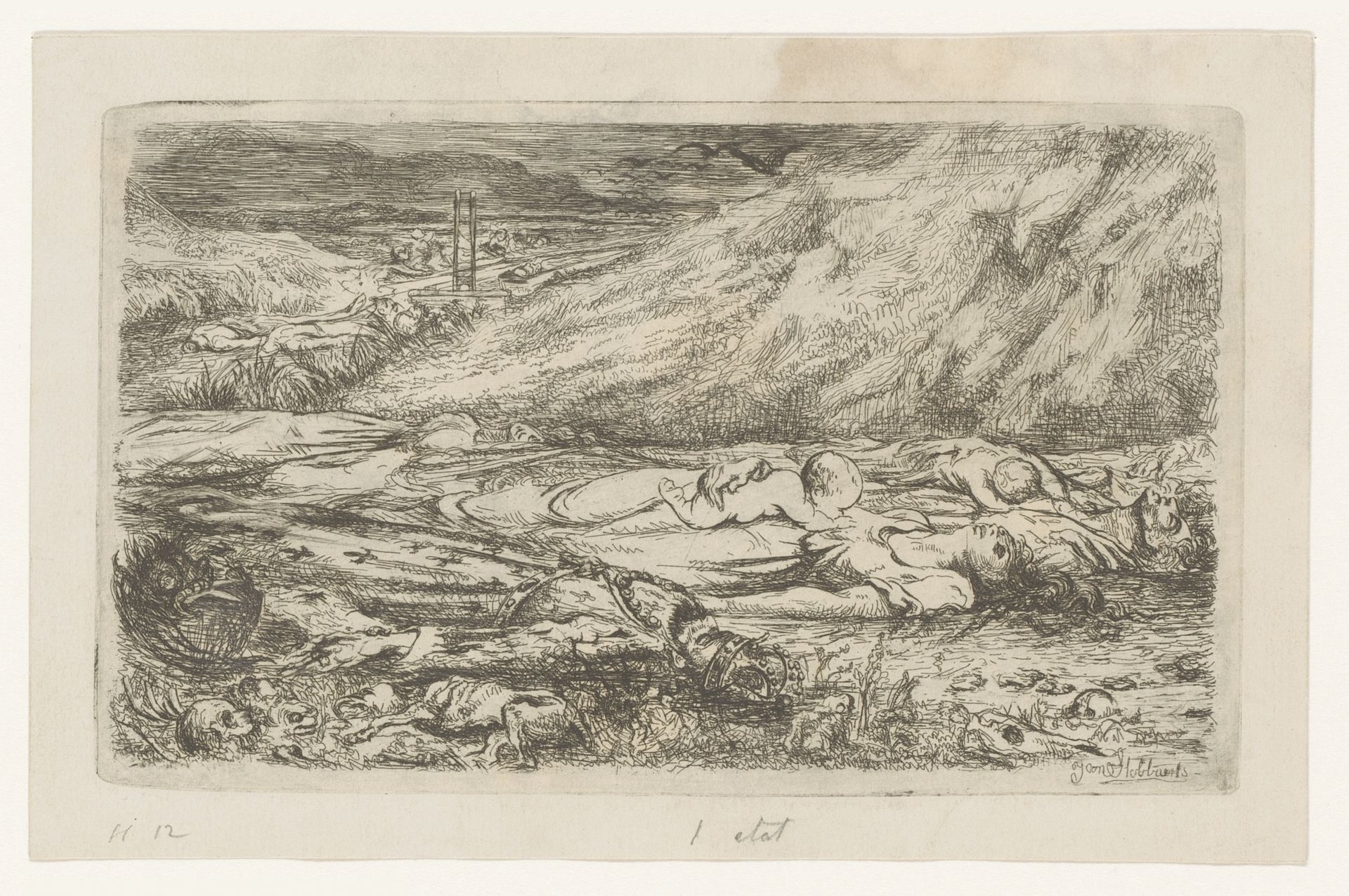 Landschap met lichamen waaronder dat van een vrouw met baby en een koning by Jan Stobbaerts