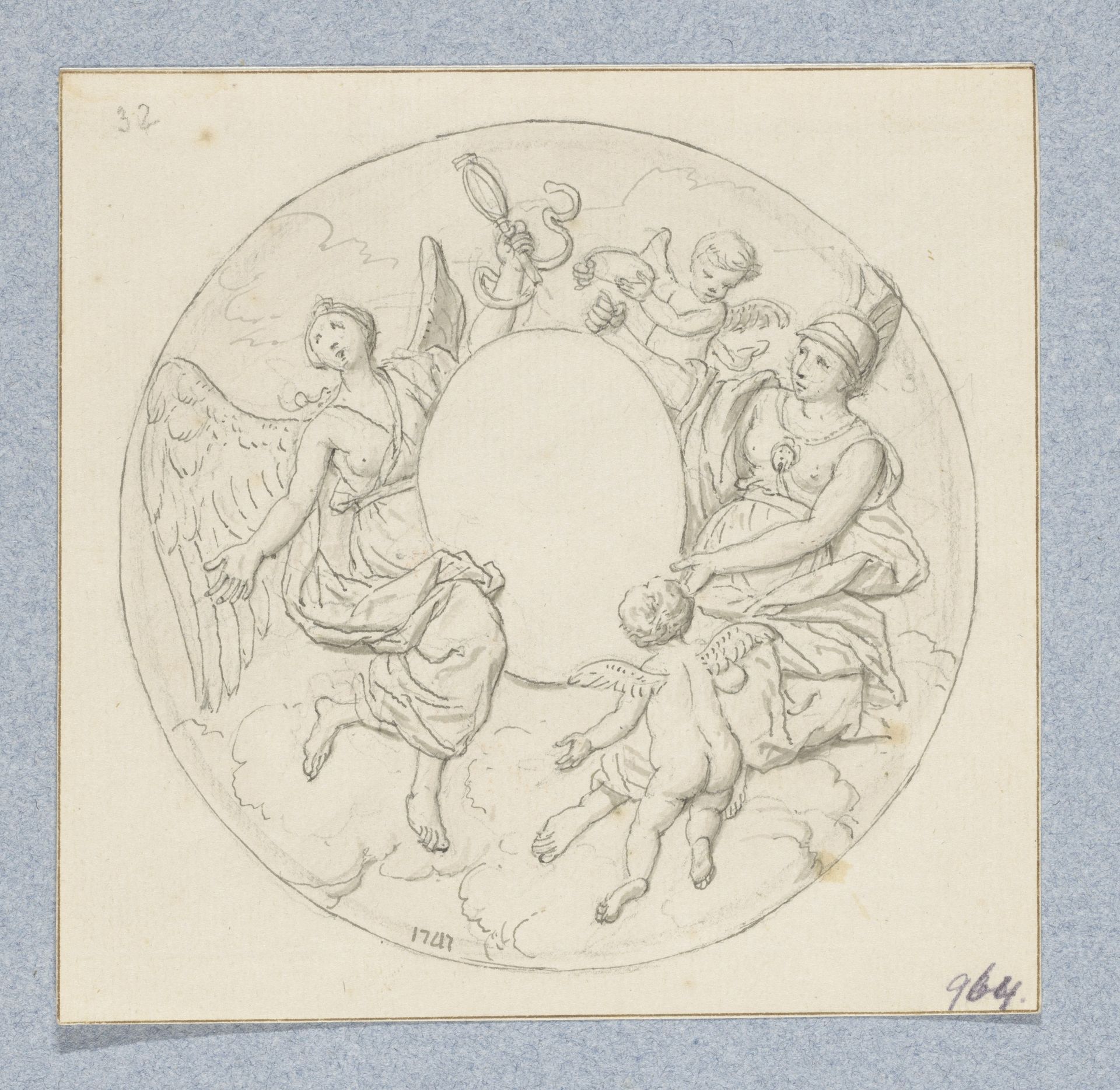 Allegorische cartouche met Prudentia, Minerva en eroten (in doos met 43 tekeningen) by Louis Fabritius Dubourg