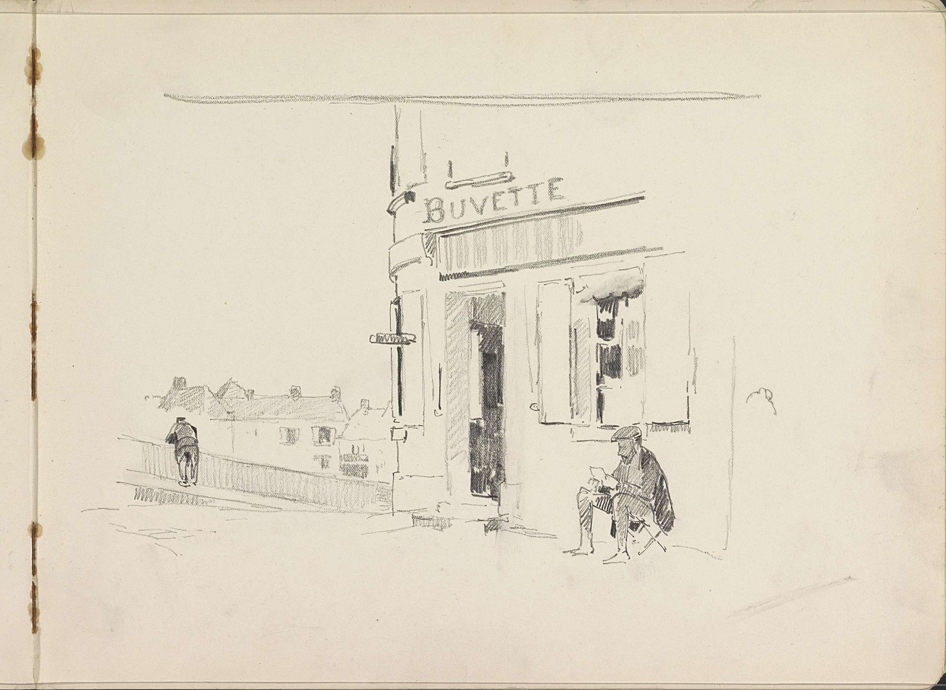 Lezende man op een kruk voor een kuursaal by Cornelis Vreedenburgh