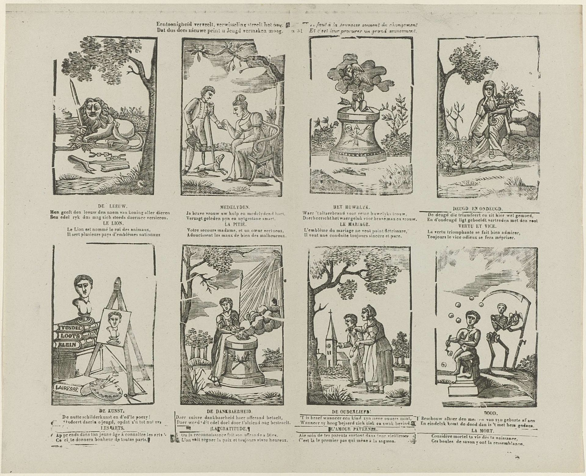 Eentoonigheid verveelt, verwisseling streelt het oog. / Dat dus dees nieuwe print u Jeugd vermaken moog. / Il faut à la jeunesse souvent du changement / Et c'est leur procurer un grand amusement by Glenisson & Zonen