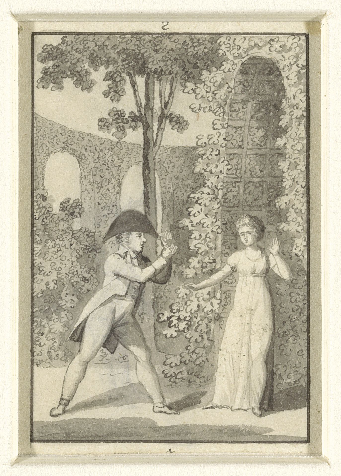 Heer met steek spreekt een dame aan voor een tuinprieël by Sigmund Ferdinand Ritter von Perger